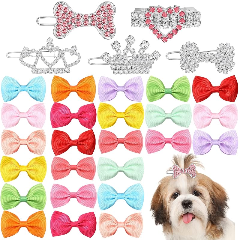 Laços para Pelos de Cães e Gatos com Presilhas, Rhinestone e Modelos de Coroa e Osso Janinka, Pacote com 29 Peças