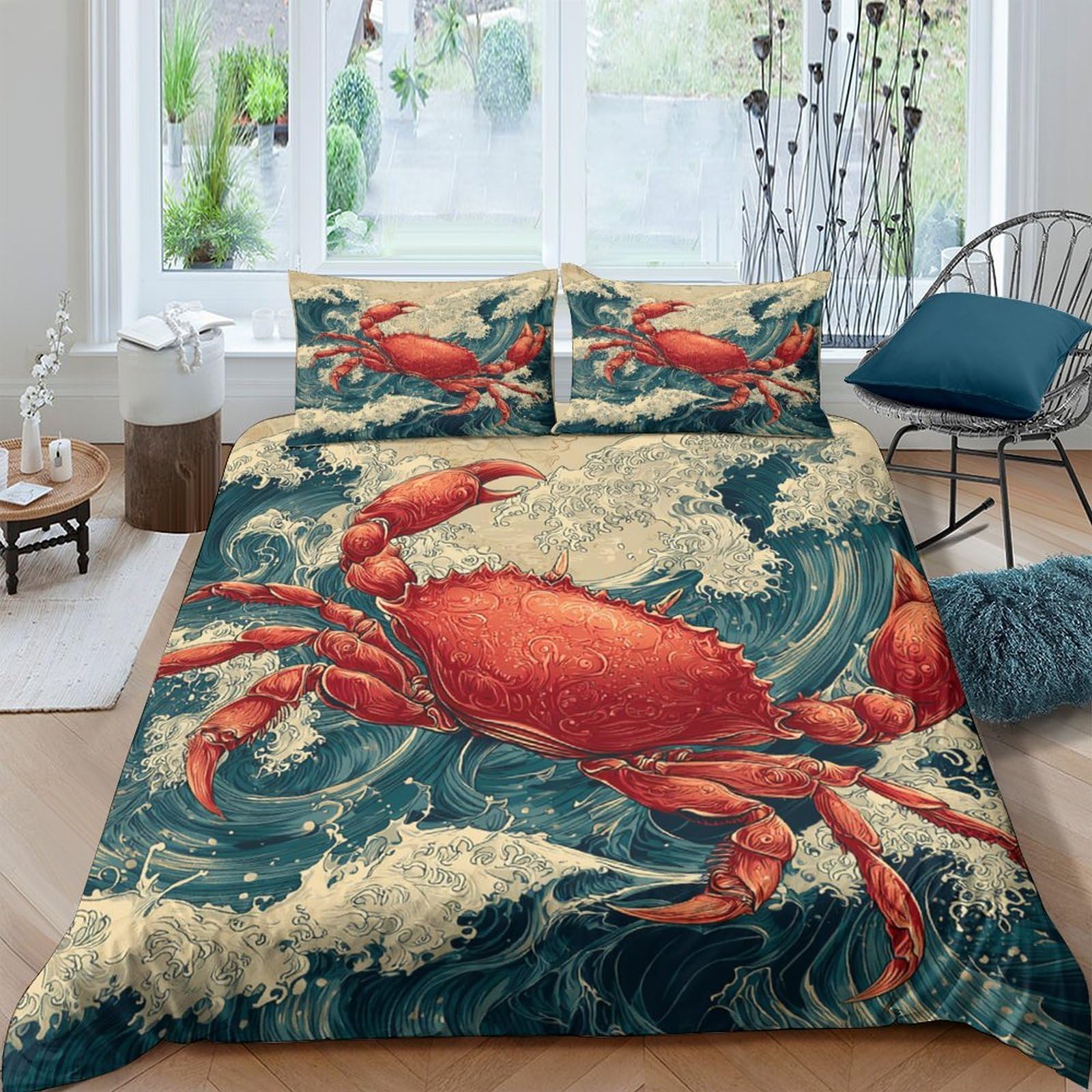 Ctjqhvkz Style-8 3D Printed Vintage Red Crab Fitted Sheet Microfiber Breathable Ocean Waves Mattress Cover For Bedroom Dorm Decor Single（135X200cm）