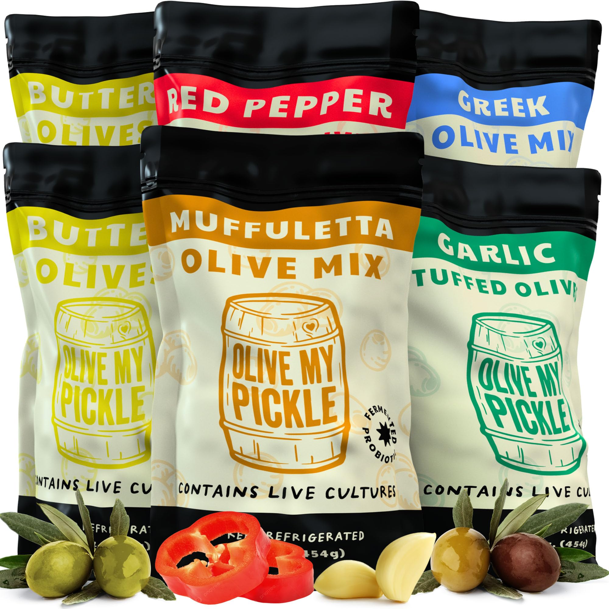 Olive My Pickle Live Culture Probiotic Mixed Olives - 6 Pack Olives Individual Packs of Butter Green Pitted Olives, Red Pepper & Garlic Stuffed Green Olives, Greek Olives Mix, Muffuletta Olive Salad