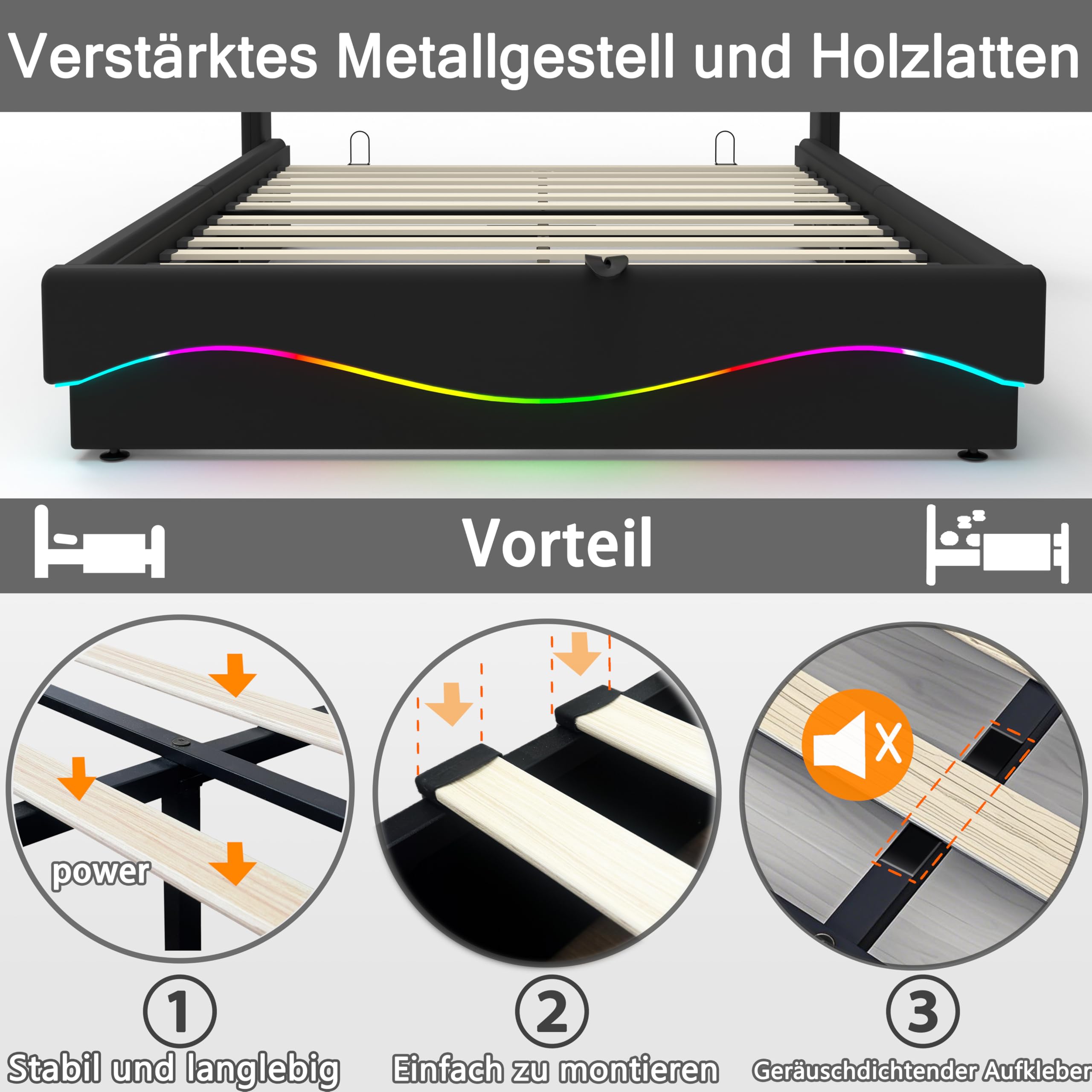 Cama de Almacenamiento Todo en Uno 140x200 cm con Luces LED, Estación de Carga USB/Type-C, Estantería para Cabecera y Gran Almacenamiento bajo la Cama, Cuero, Negro