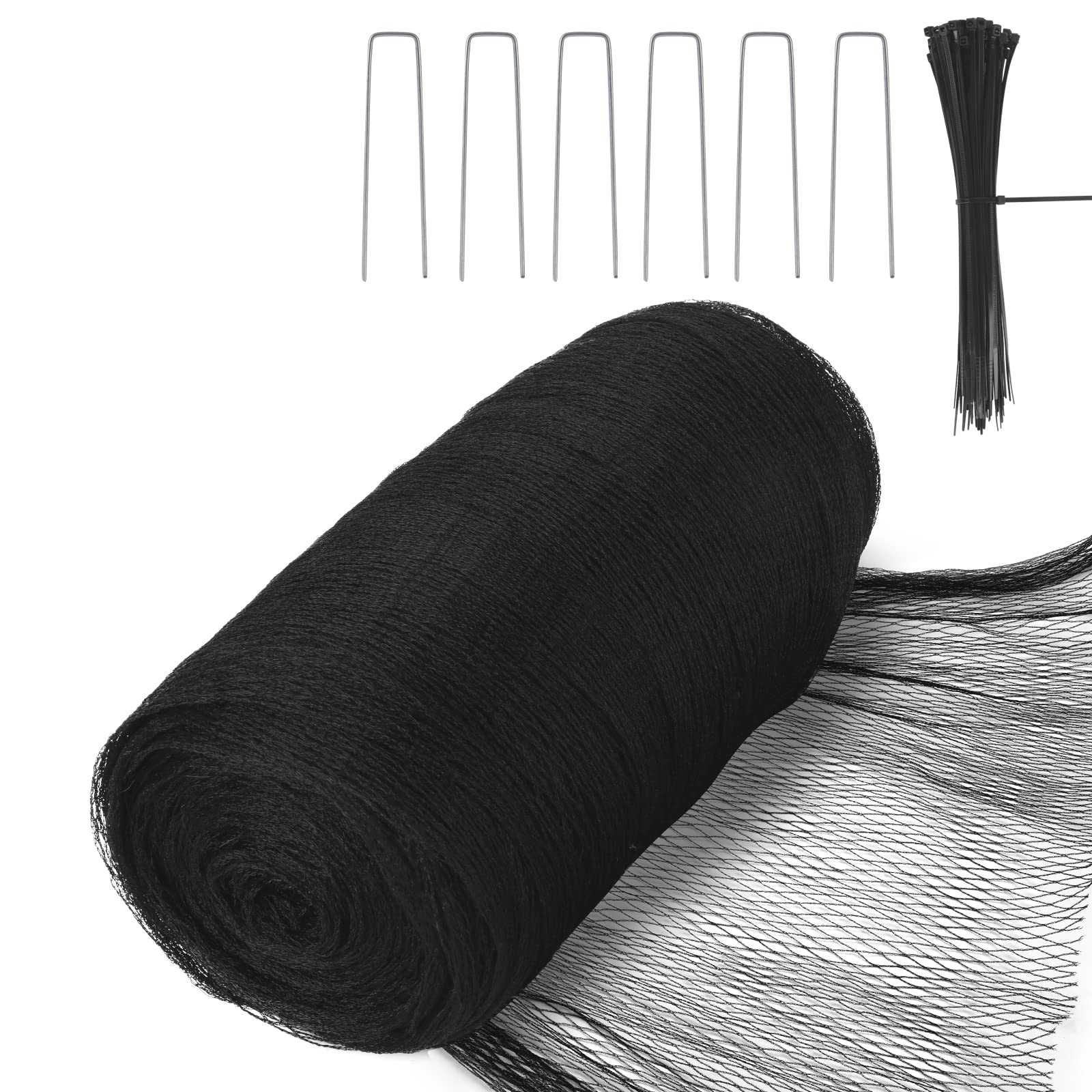 bird netting for garden, 26 x 49ft heavy duty anti bird netting mesh with ties and landscape staples for vegetable, fruit trees & other plants, lasting against birds squirrels and poultry, black