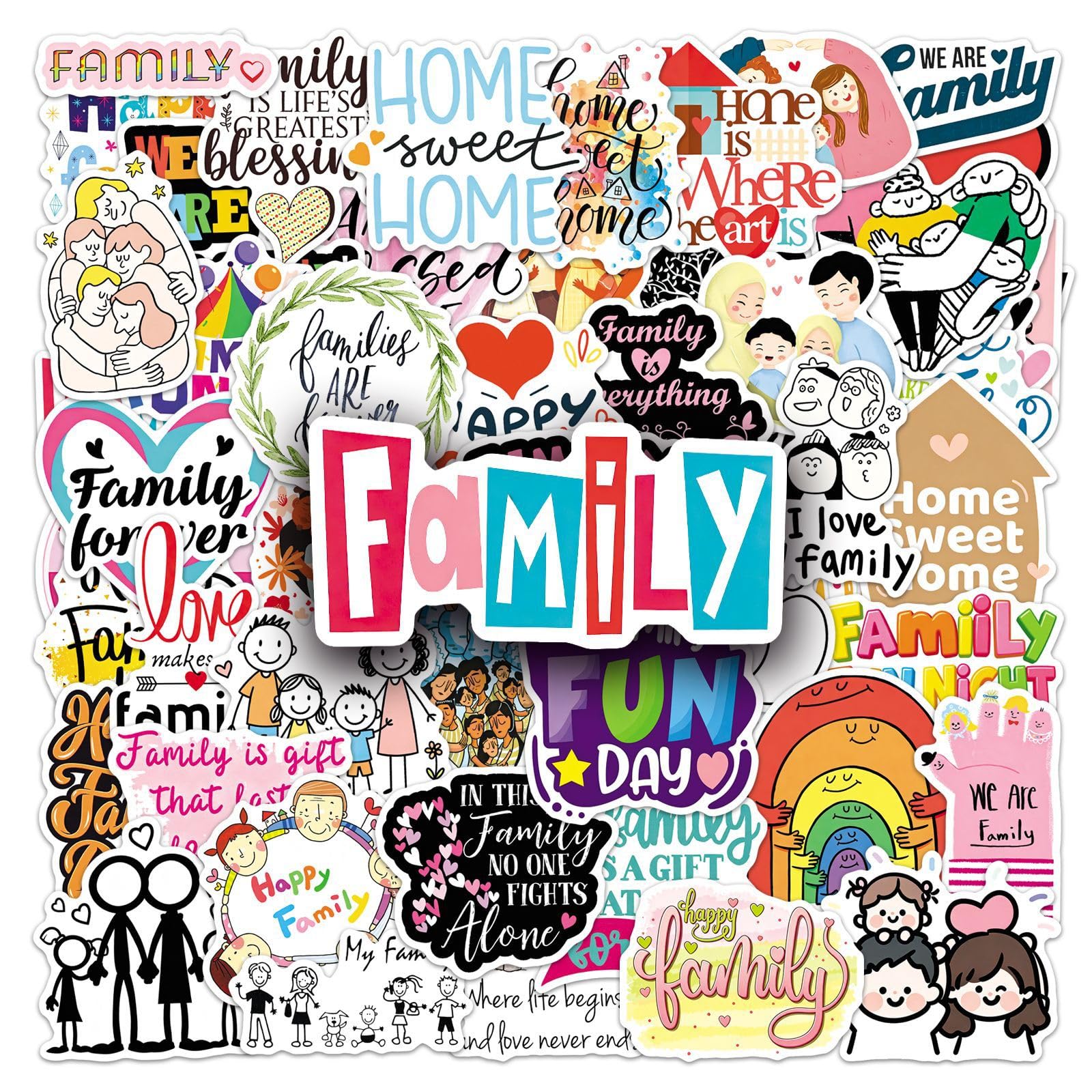 50Pcs Family Stickers Home Vinyl Decals for Laptops Skateboards Luggage Helmets Bikes and Phones Fans Lovers and Warm Vibe Enthusiasts