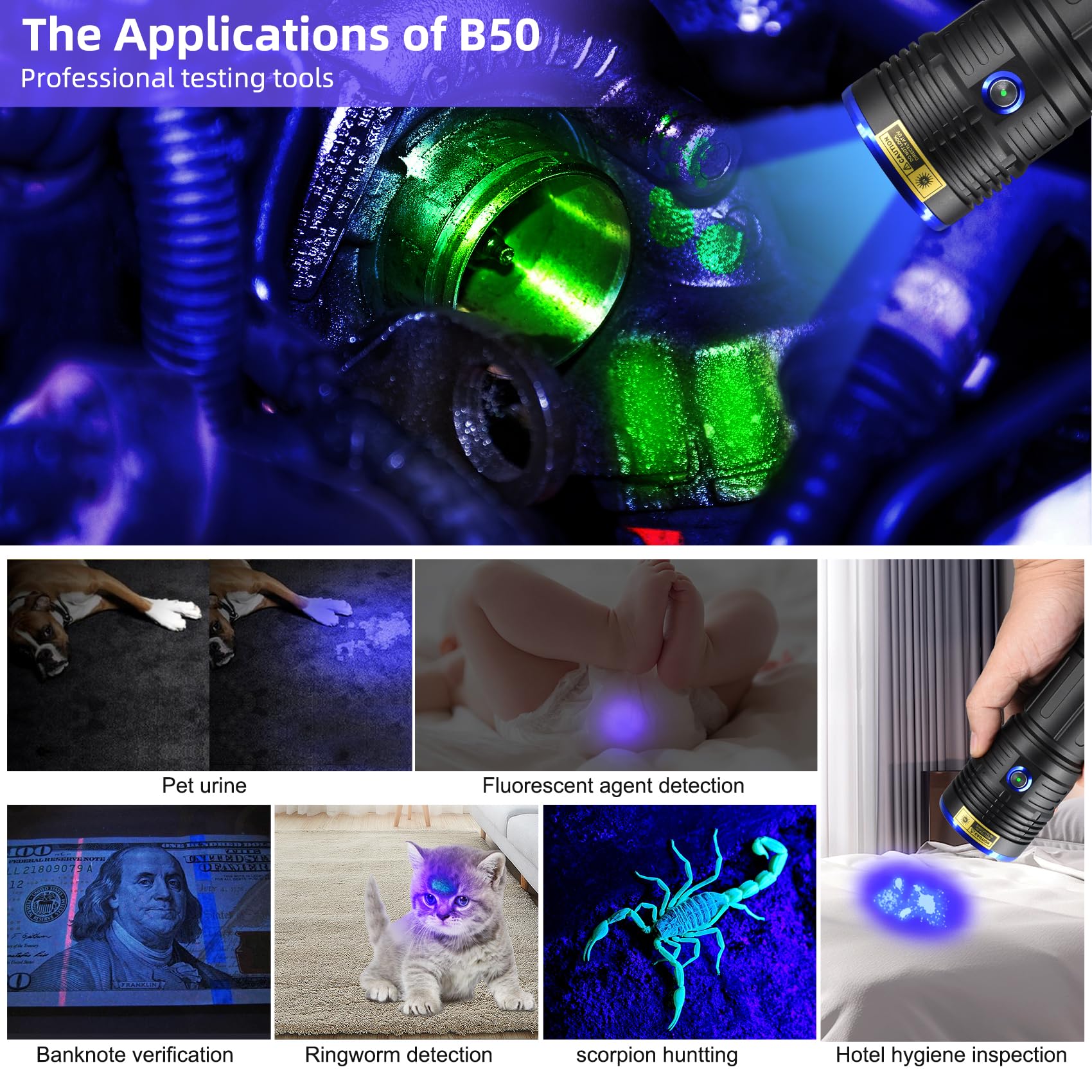 DARKBEAM Latarka UV 365nm Blacklight 4xLEDs Ultrafioletowe, mocna lampa leśna ładowana 50W wykrywacz moczu zwierząt domowych minerały, skorpiony, wykrywanie wycieków, utwardzanie żywicy