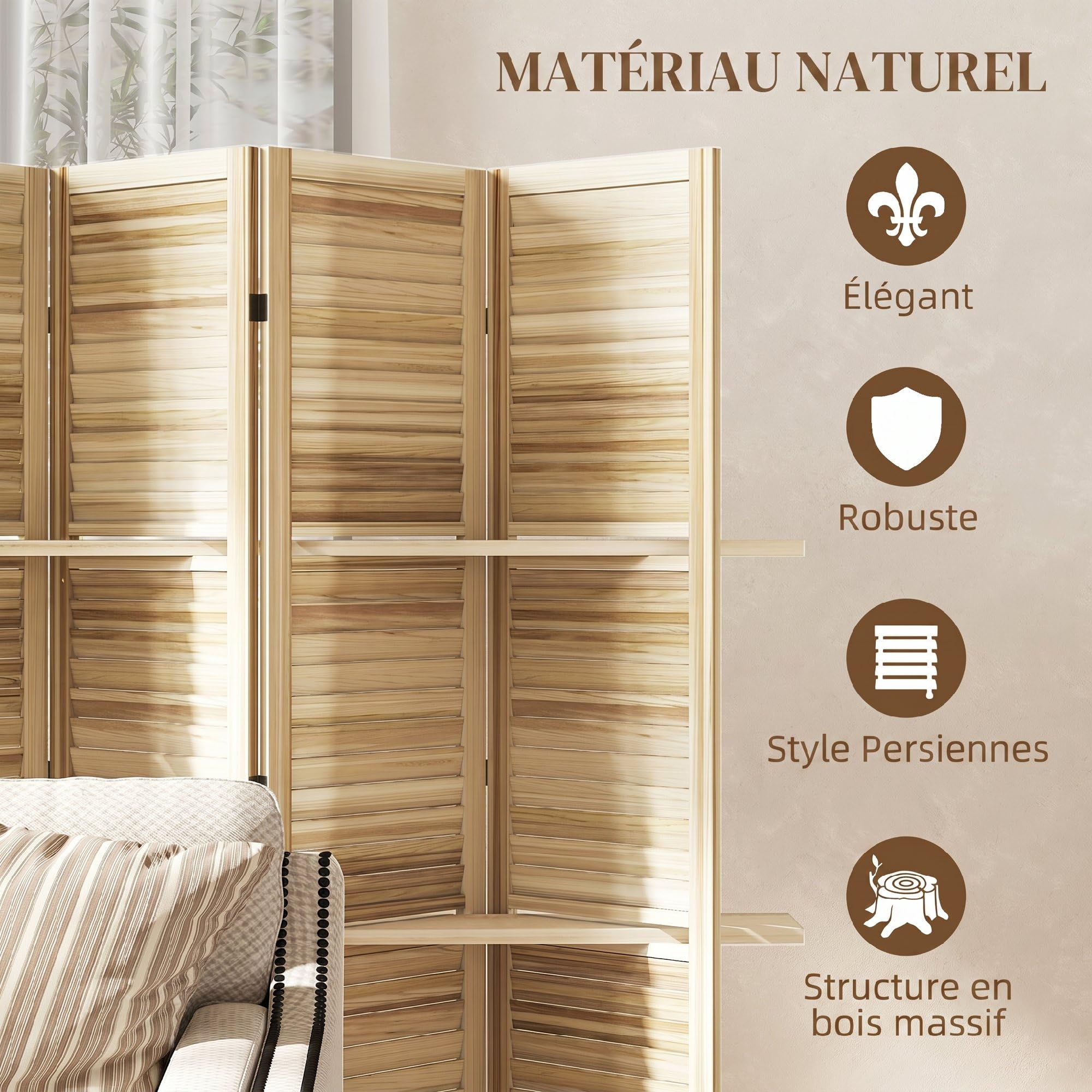 HOMCOM Divisorio con mensole, 6 pannelli, 67" alto, legno naturale