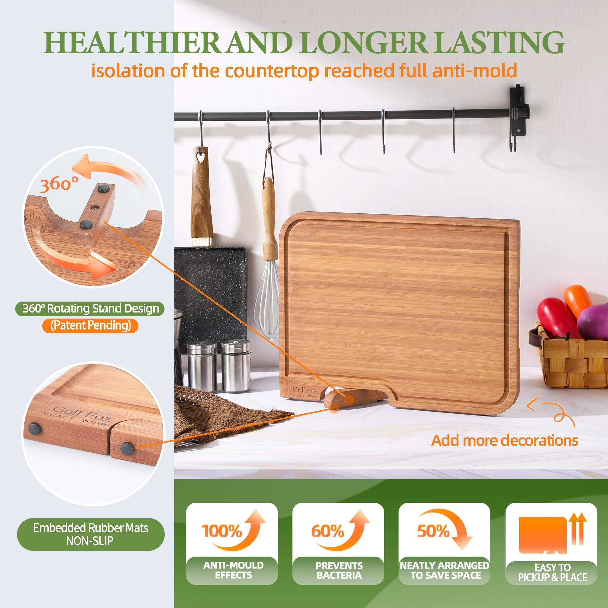 Golf-Fox Juego de 4 tablas de cortar de bambú para cocina, tabla de cortar de madera con soporte, doble cara: tabla de cortar y tablas de embutidos. Ideal para pan, queso, pizza, carne, fruta, pasta