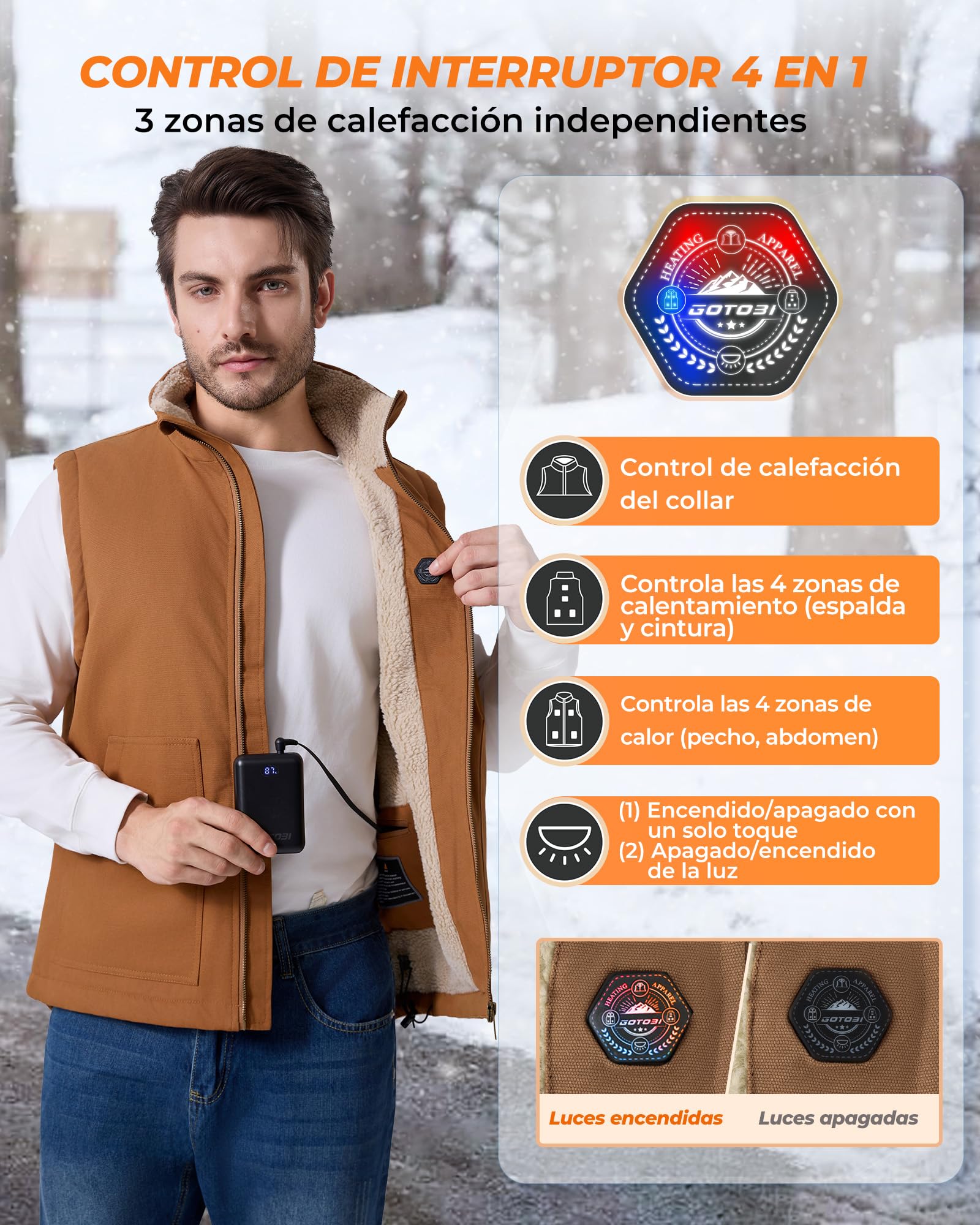 Chaleco Calefactable Hombre con Bateria de 16000mAh 7,4V- Chaleco de Lona Hombre con 9 Zonas de Calefacción y 3 Temperaturas Ajustables, chaleco termico de invierno con forro de Polar,Caqui,XL