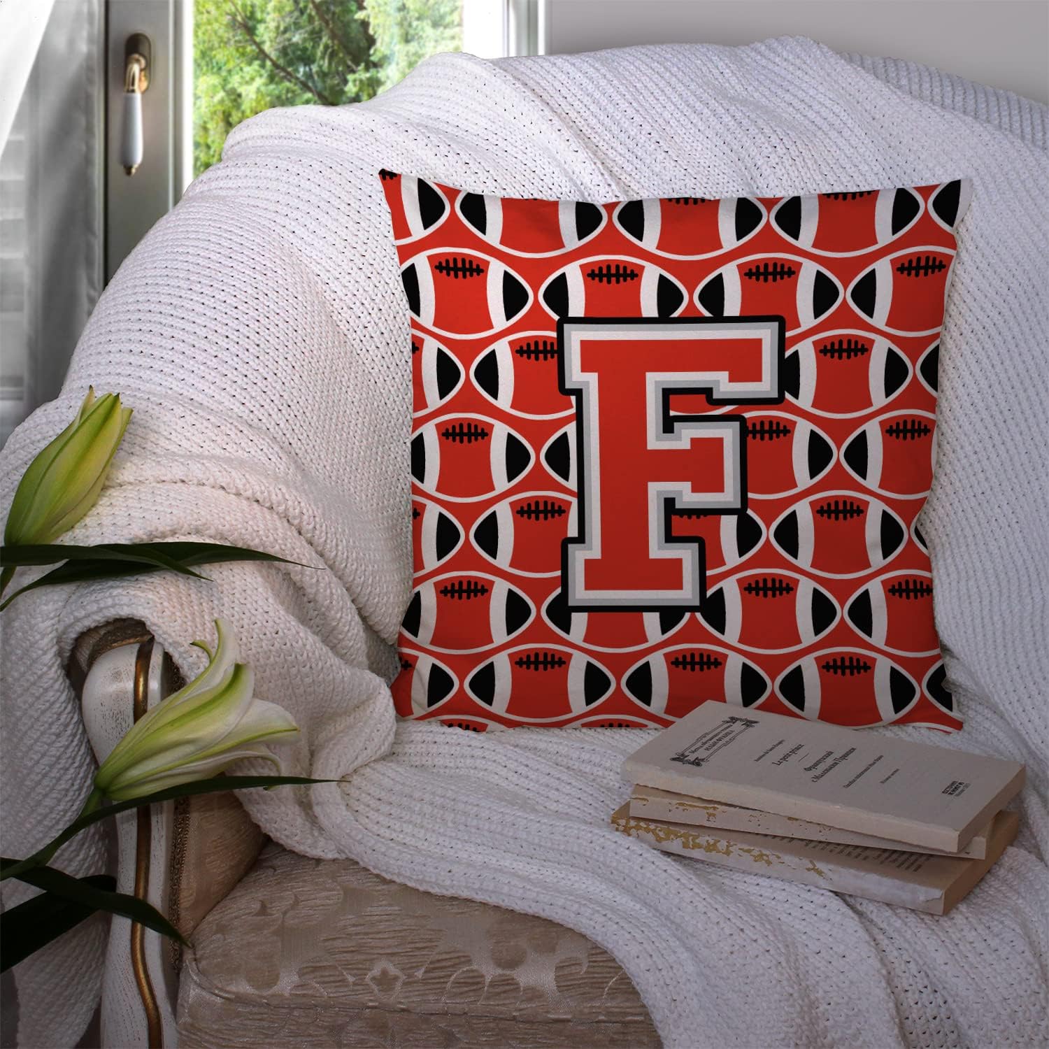 Caroline's Treasures CJ1067-FPW1414 Letter F Football Scarlet and Grey Fabric Decorative Pillow Machine Washable, Indoor Outdoor Decorative Pillow for Couch, Bed or Patio, 14Hx14W