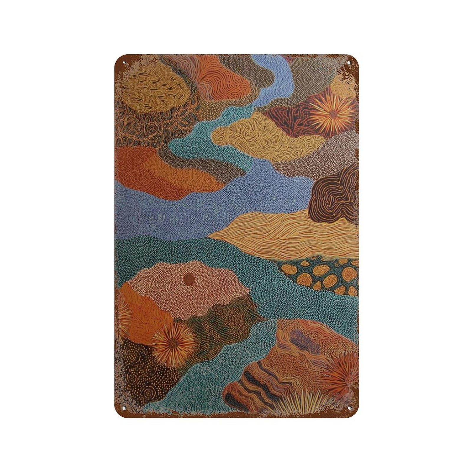 xiaoxiaoshen Aboriginal Style Desert Landscape Eh Tone Abstract River Painting Tribal Inspire Wall Decor Art Metal Tin Poster Modern Home Decor Art Home Bar Shop Decorations Vintage Sign 30x20cm