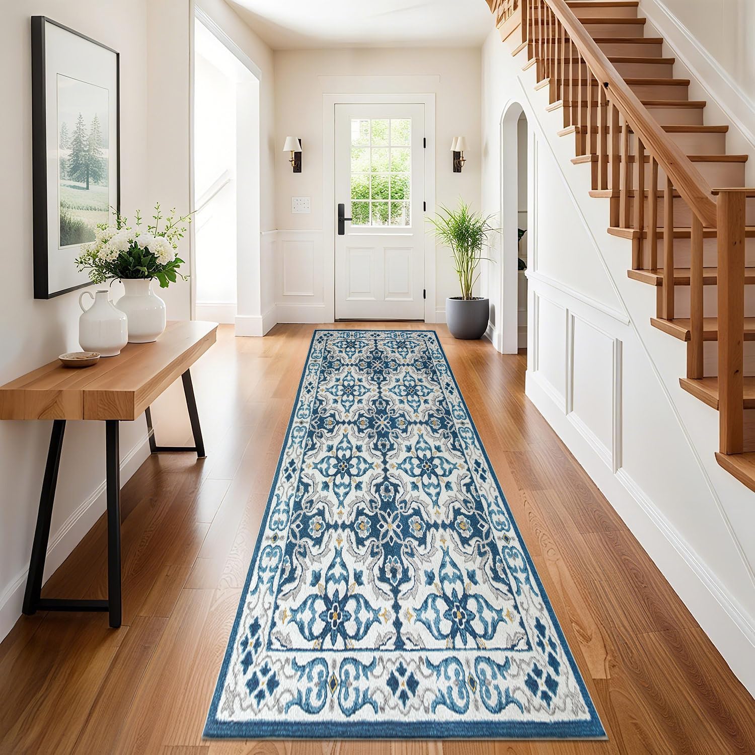 Hafaa Carpet Runners for Living room Blue Runner Rugs for Hallway Non-Slip long 80 x 300 cm – Traditional Pattern Modern Low Pile Bedroom Carpet (LUNA)