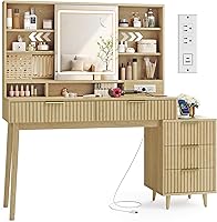 VASAGLE MAXE Makeup Vanity Desk with Sliding LED Mirror, 10x Magnifier, Charging Station & Jewelry Storage - Oak Beige URDT139YC01S