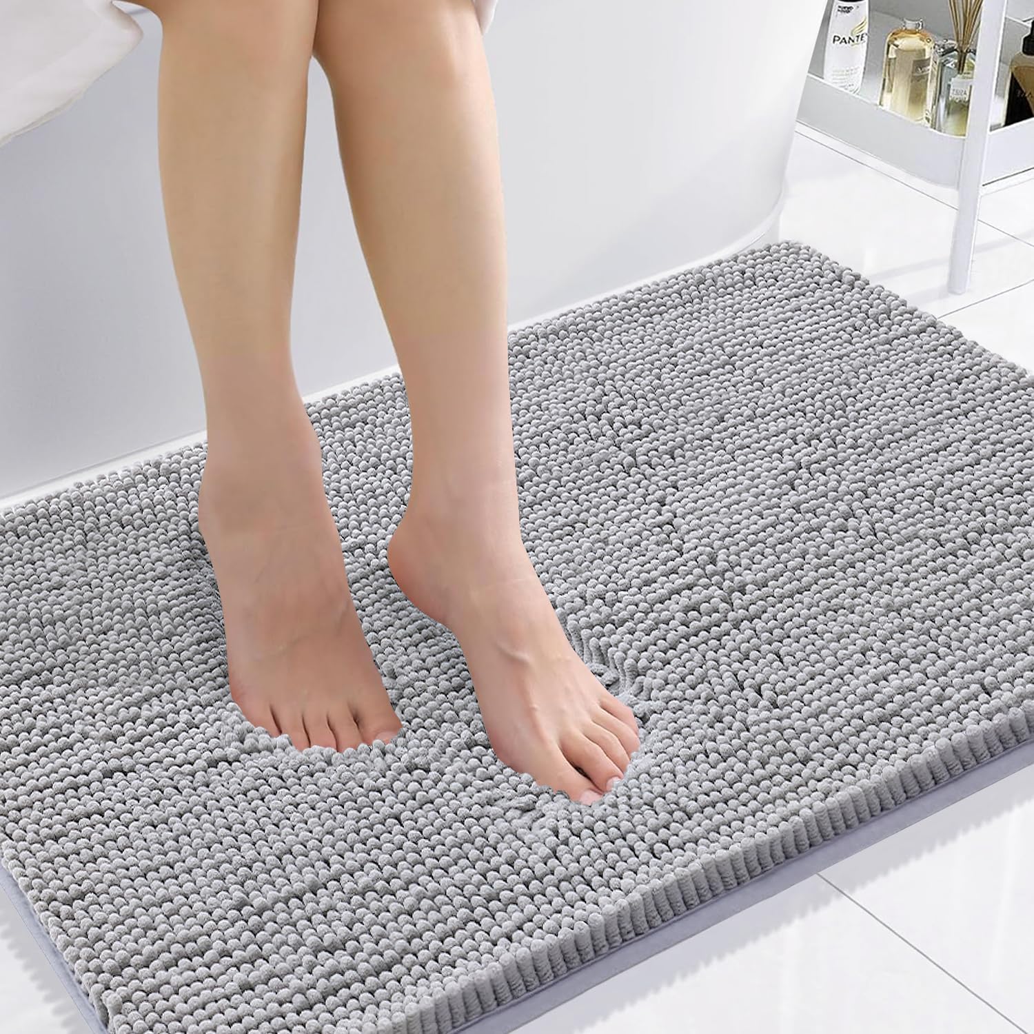 Smiry Luxury Chenille Bath Rug 36''x24'', Extra Soft and Absorbent Shaggy Bathroom Mat Rugs, Machine Washable, Non-Slip Plush Carpet Runner for Tub, Shower, and Bath Room, Light Grey