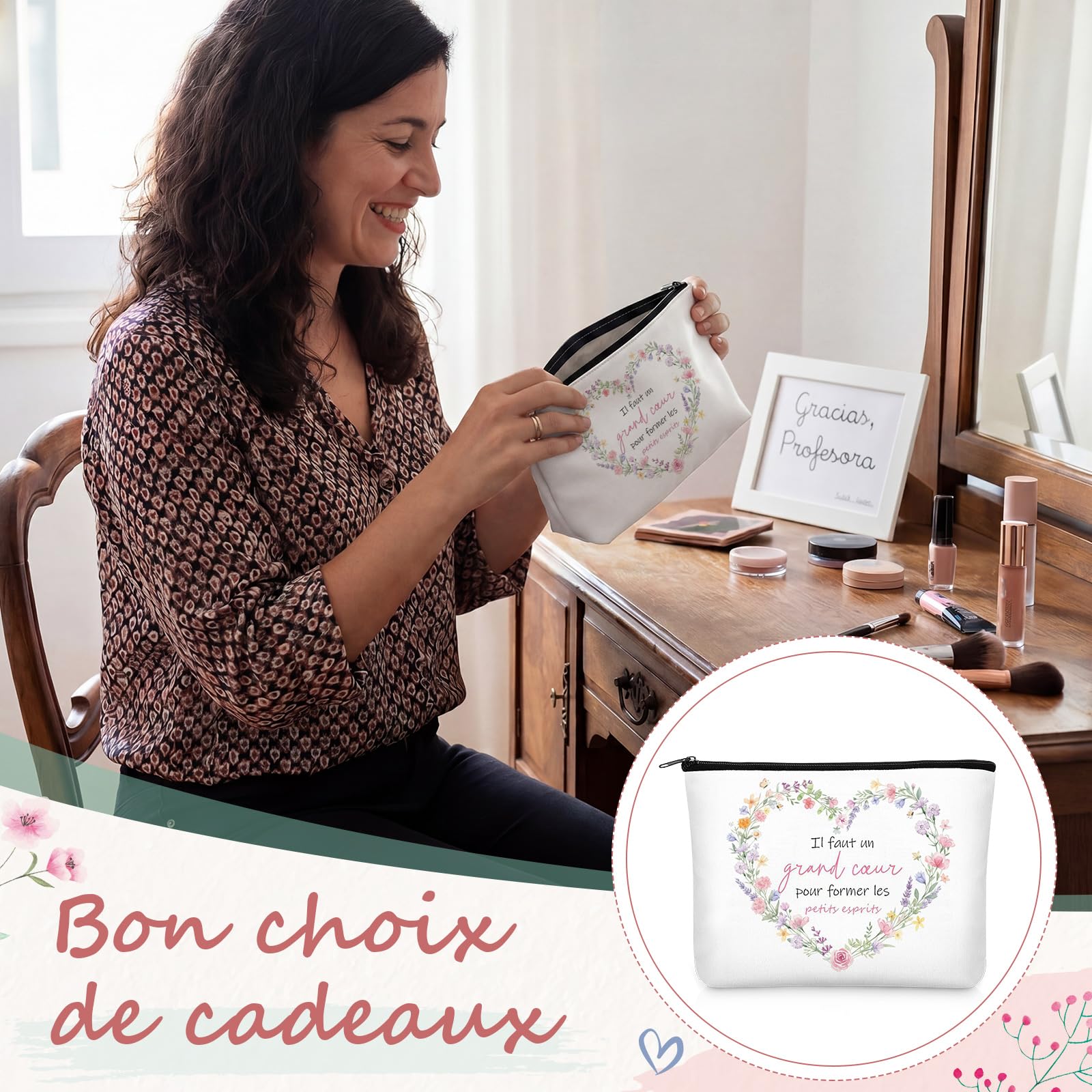 BBTO Cadeau Maitresse Idee Tricotée en Cœur Porte-Clés Trousse de Maquillag Carte de Vœux avec Fleur Séchée Cadeau Maitresse d'École Fin d'Année pour Anniversaire D’Enseignant (Professeur)