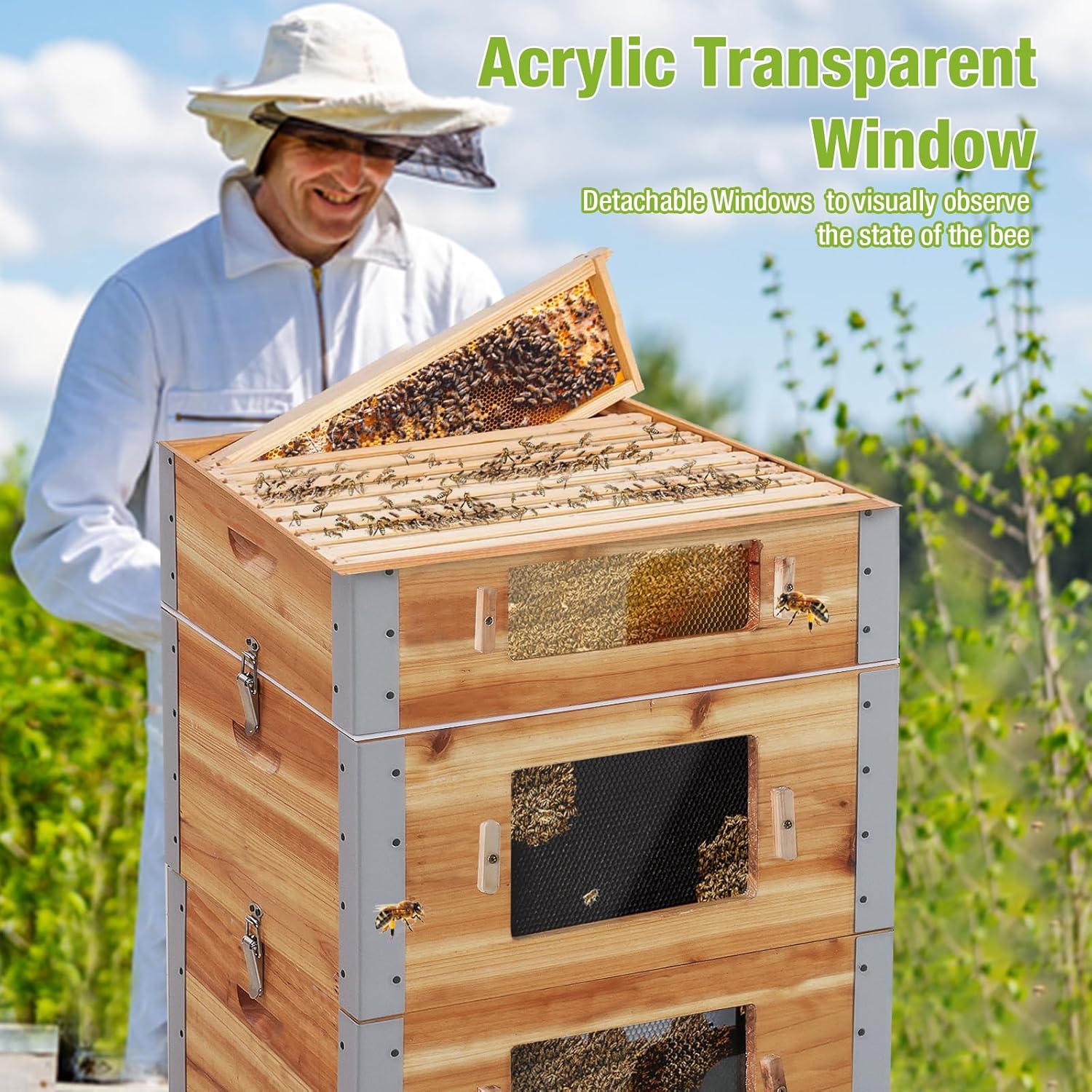 GUTINNEEN Bee Hive with Metal Frame, 10 Frame Bee Hives Boxes Dipped in 100% Beeswax,Bee Keeping Supplies-All Starter Kit Includes Wooden Frames & Waxed Foundations