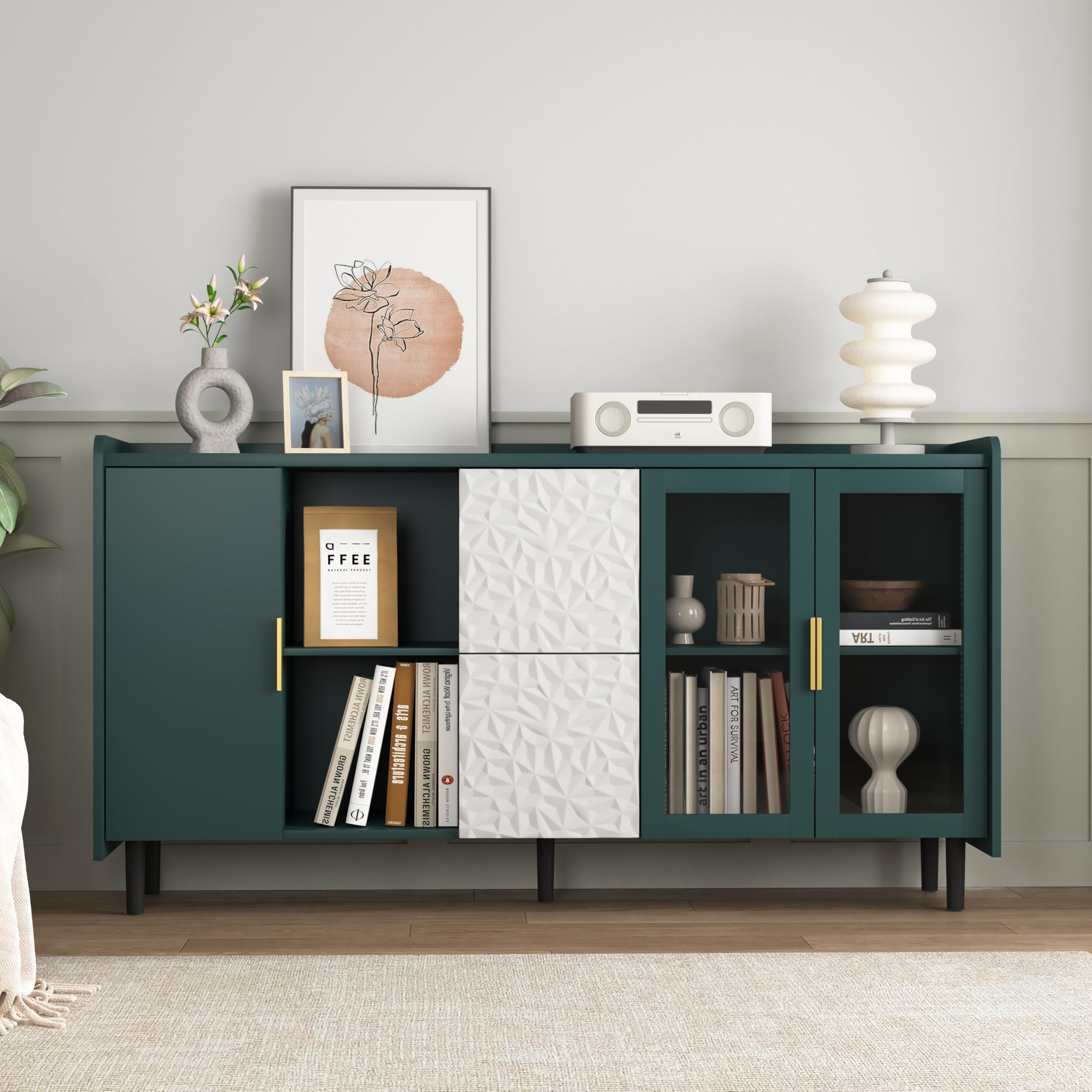 Credenza Cucina 150 Cm Con 2 Ante In Vetro 2 Cassetti 2 Vani Aperti Coffee Bar In MDF Piano Grande Per Elettrodomestici Mobile Cucina Dispensa Per Cucina E Soggiorno