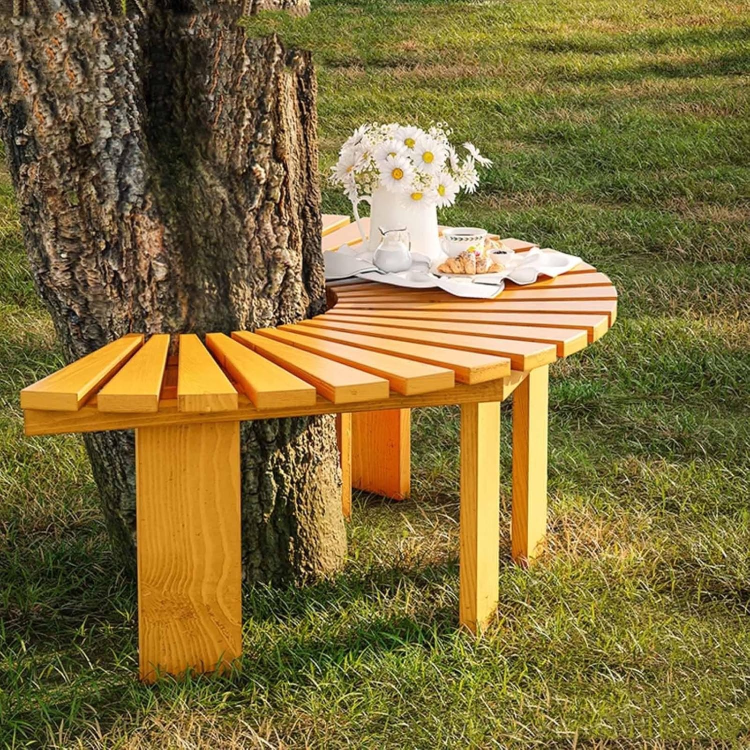 Wooden wrap Around Tree Bench Weatherproof，Semi Circle Garden Bench，Curved Outdoor Bench，for Garden, Park，Patio ，Outside，Plant(Walnut,Semicircle)