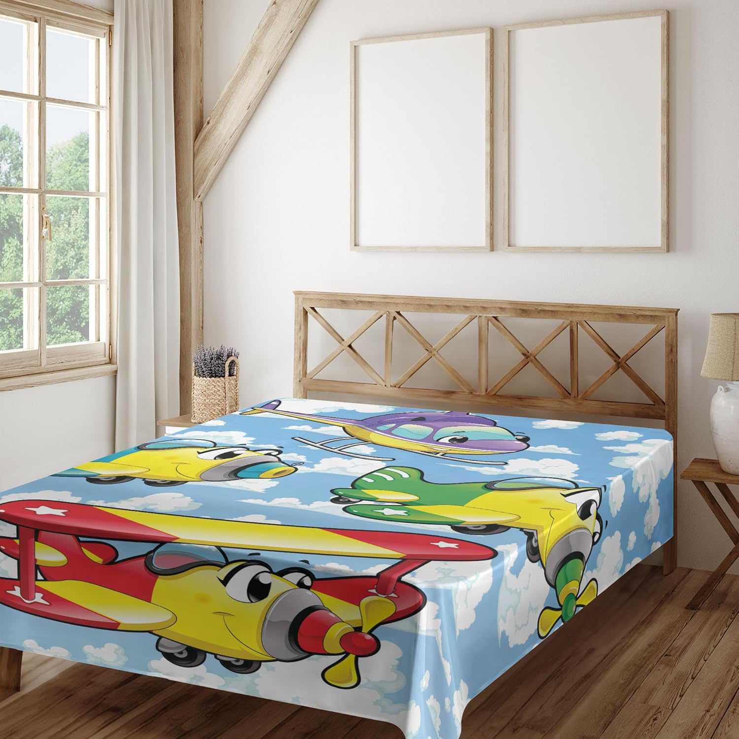 Ambesonne Cartoon Flat Sheet, Airplanes and Helicopters with Faces in Cloudy Sky Print, Soft Comfortable Top Sheet Decorative Bedding 1 Piece, Queen Size, Multicolor