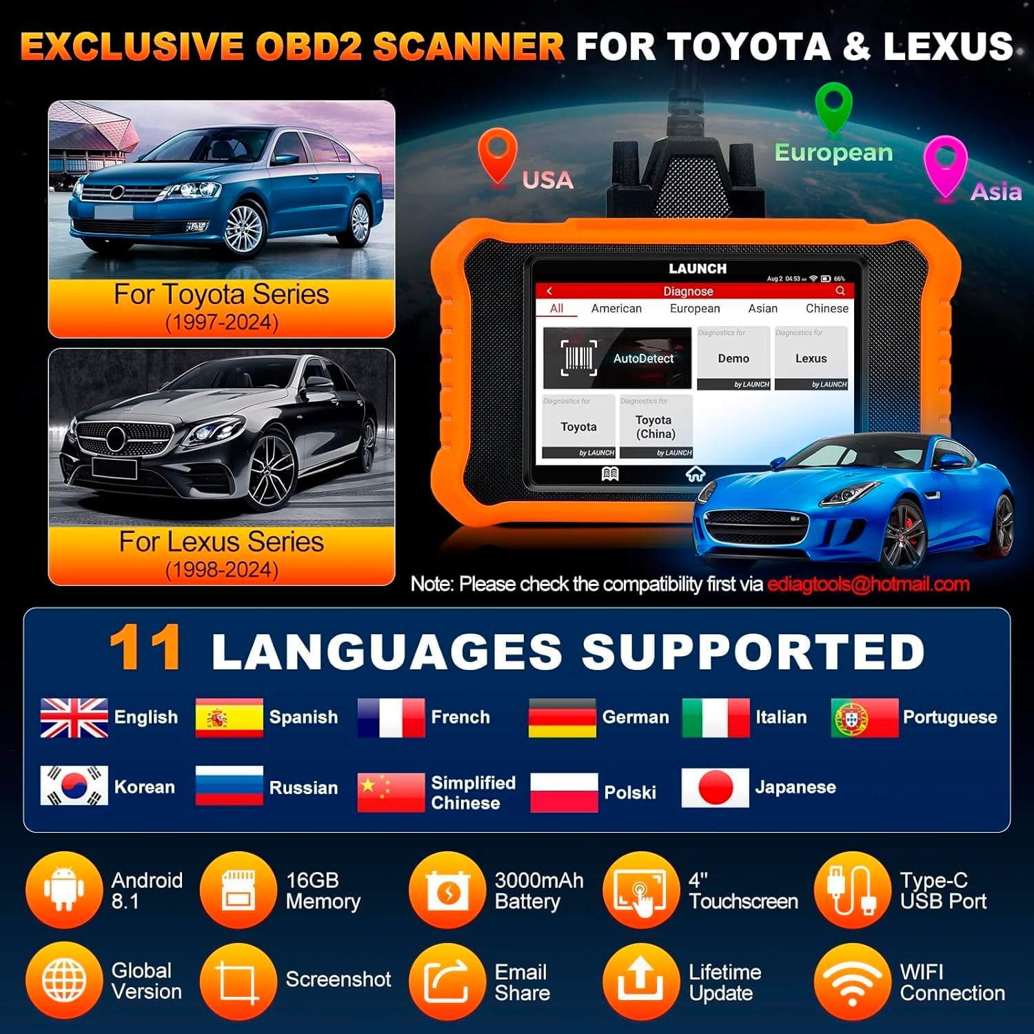 LAUNCH X431 Elite V2.0 OBD2 Diagnóstico de Todo Sistema para Toyota, Función de Todo Reinicio, Bidireccional, Codificación ECU Reset de Aceite Registro de Batería Escáner