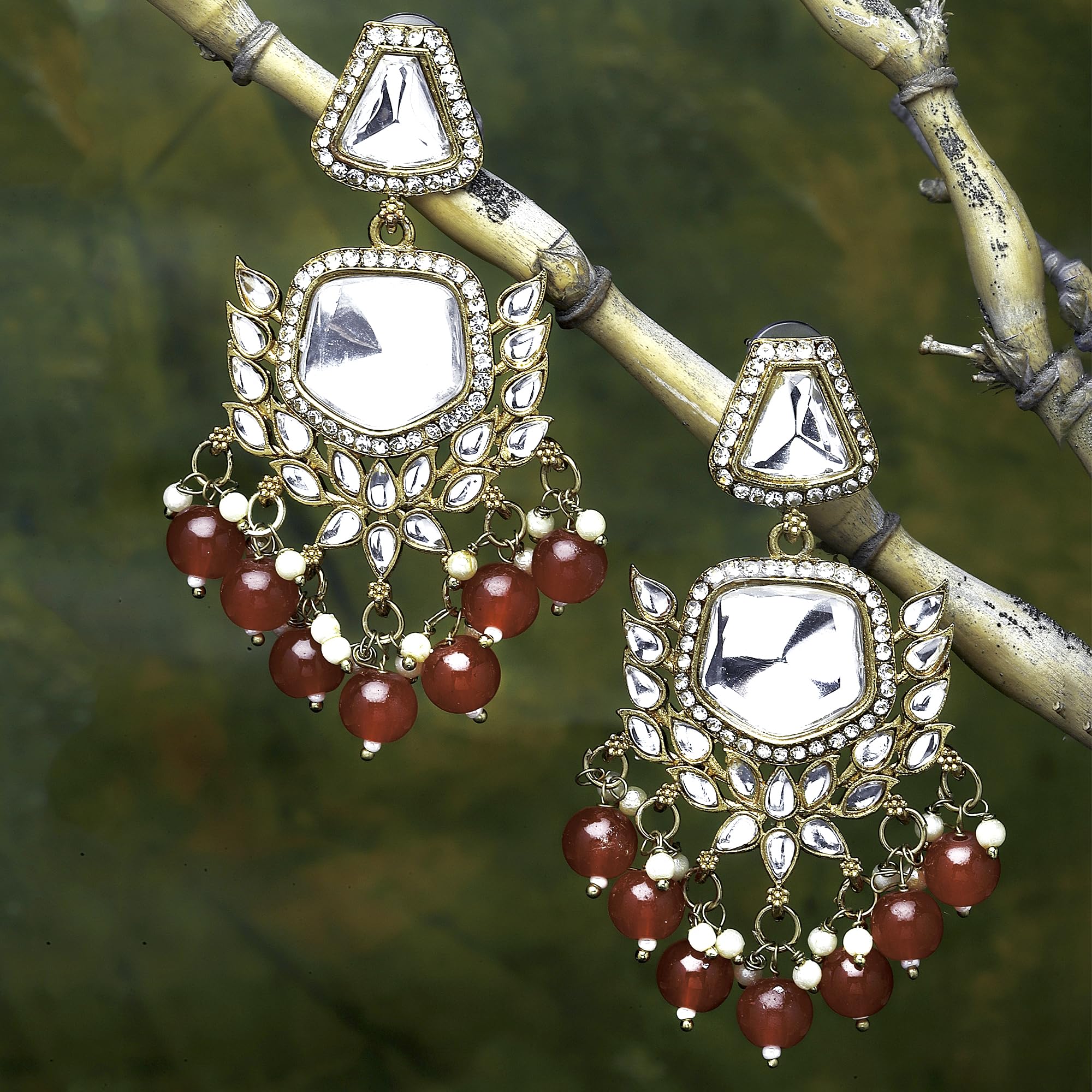 Gold-Plated Kundan & Pearls Mirror Drop Earrings
