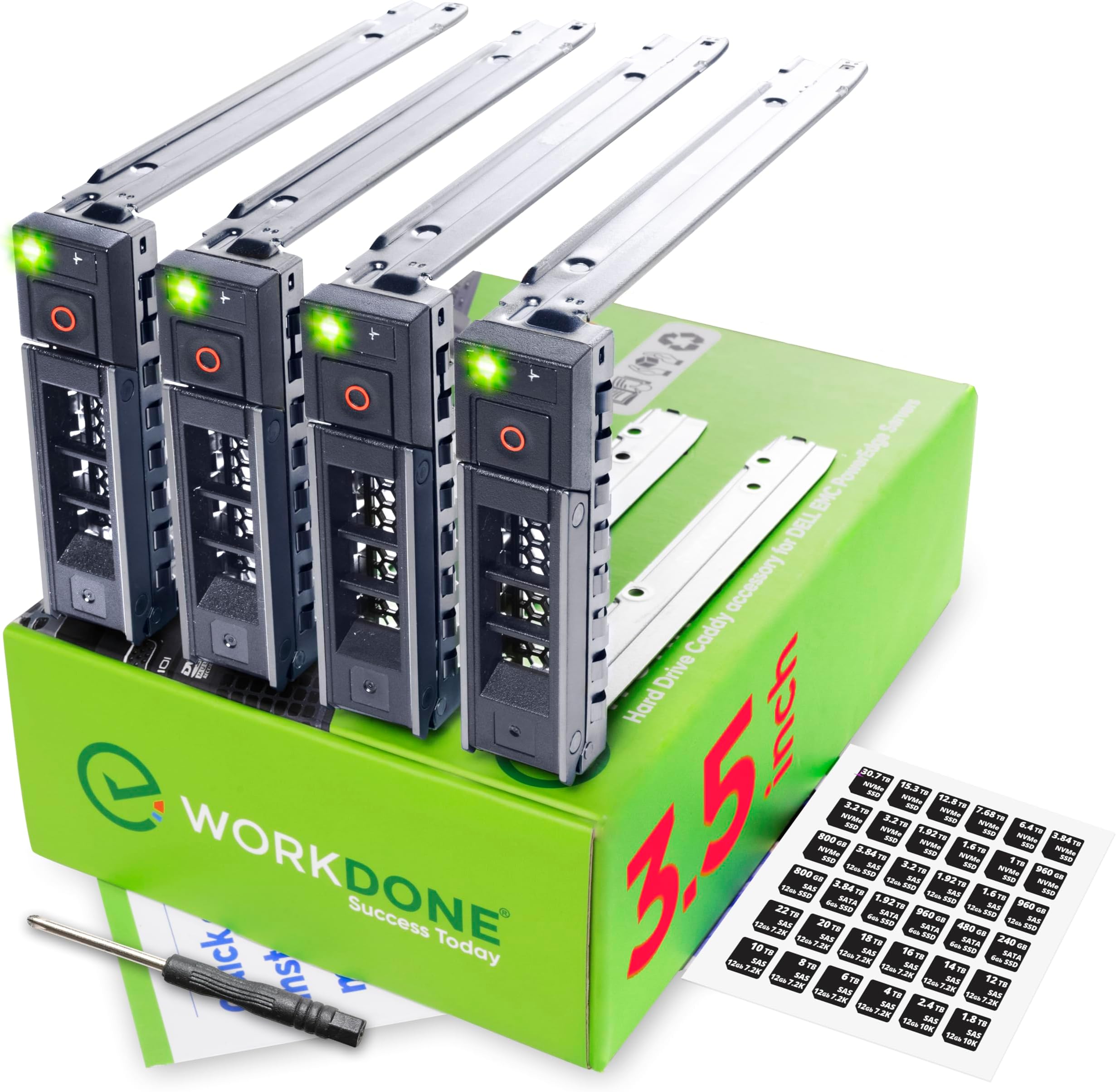 4-Pack - 3.5 inch Hard Drive Caddy - Compatible for Dell PowerEdge Selected 16th-14th Gen. Servers - with Detailed Installation Manual - Sled Front Sticker Labels - Screwdriver