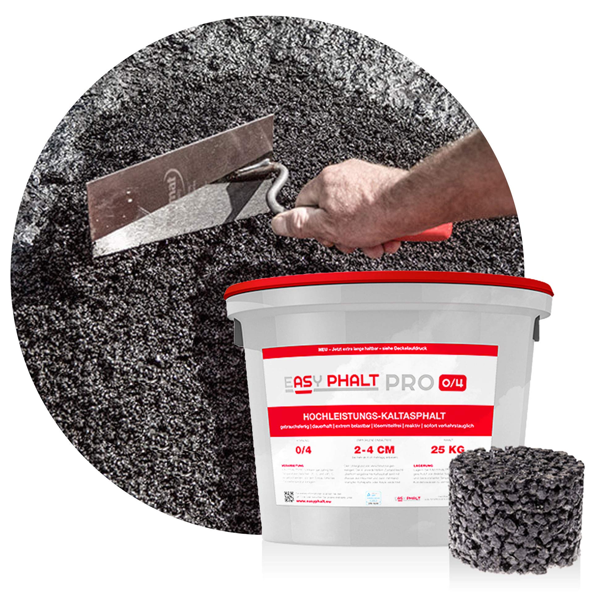PRO Kaltasphalt 0-4 mm 25 kg im wiederverschließbaren Eimer – Gebrauchsfertiger Reparaturasphalt – Kaltbitumen zur Beseitigung von Rissen & Fahrbahnschäden