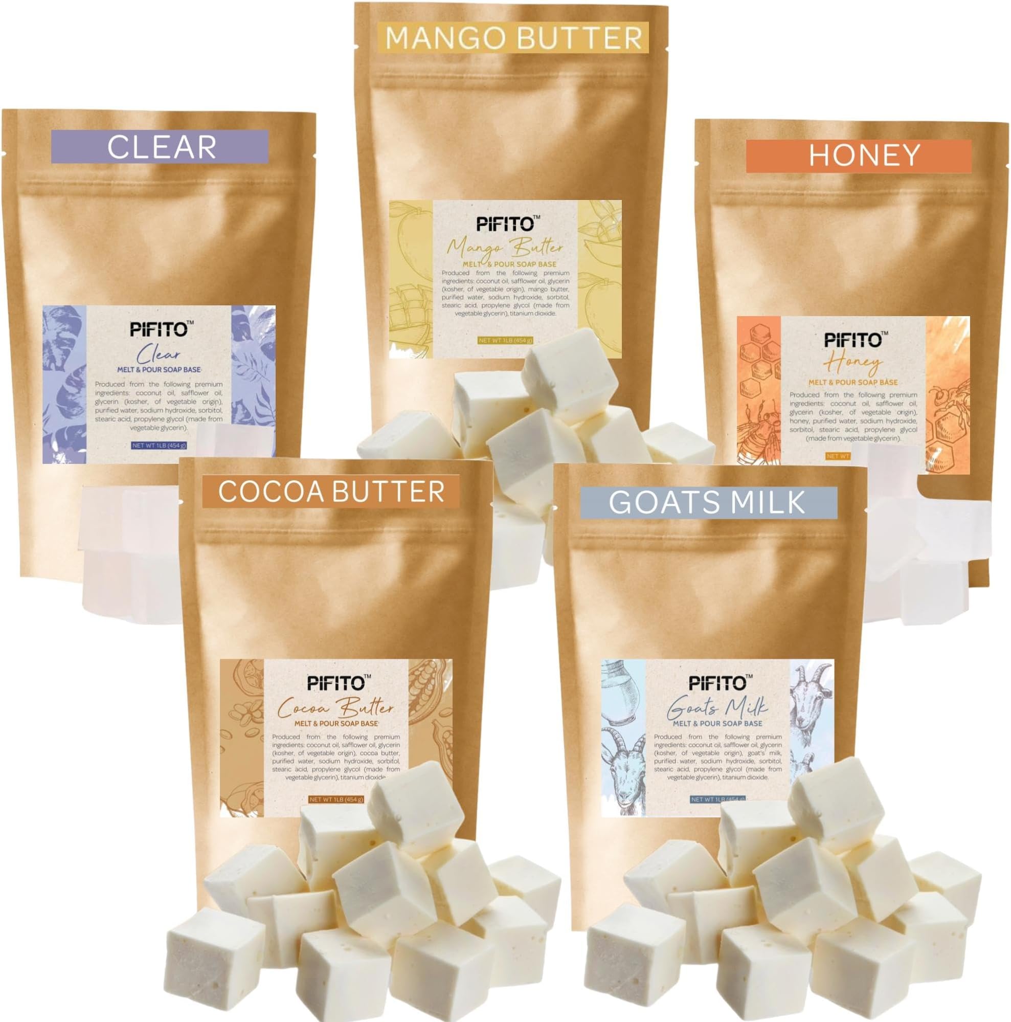 Pifito Pre-Cut Melt and Pour Soap Base Sampler (5 lbs) │ Cut-Up Pieces of Soap Base (1lb ea) │ Goats Milk, Honey, Clear, Cocoa Butter, Mango Butter │ Glycerin Soap Making Supplies Kit