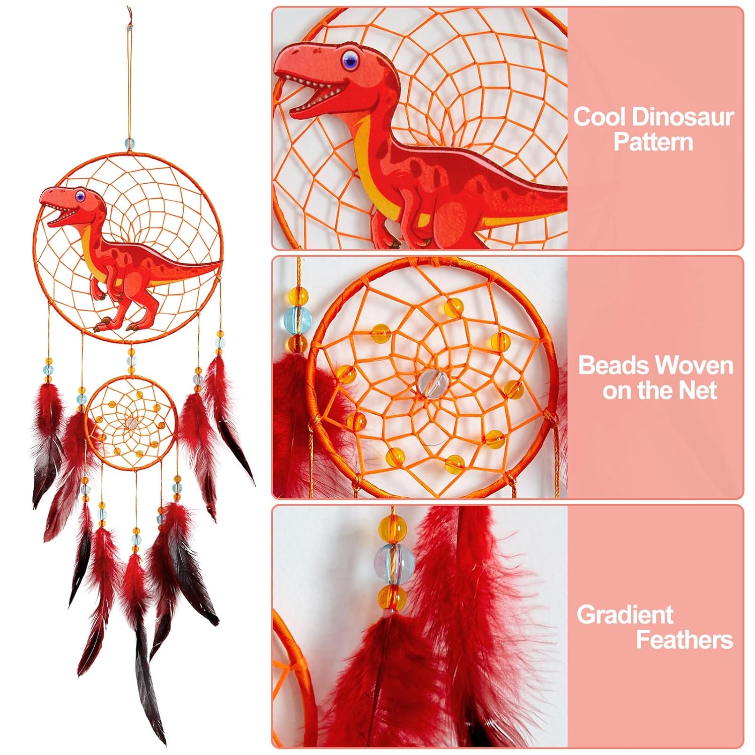 Unicorn Castle Dinosaur Dream Catcher Kids Feather Dreamcatchers Wall Hanging Decor,Red