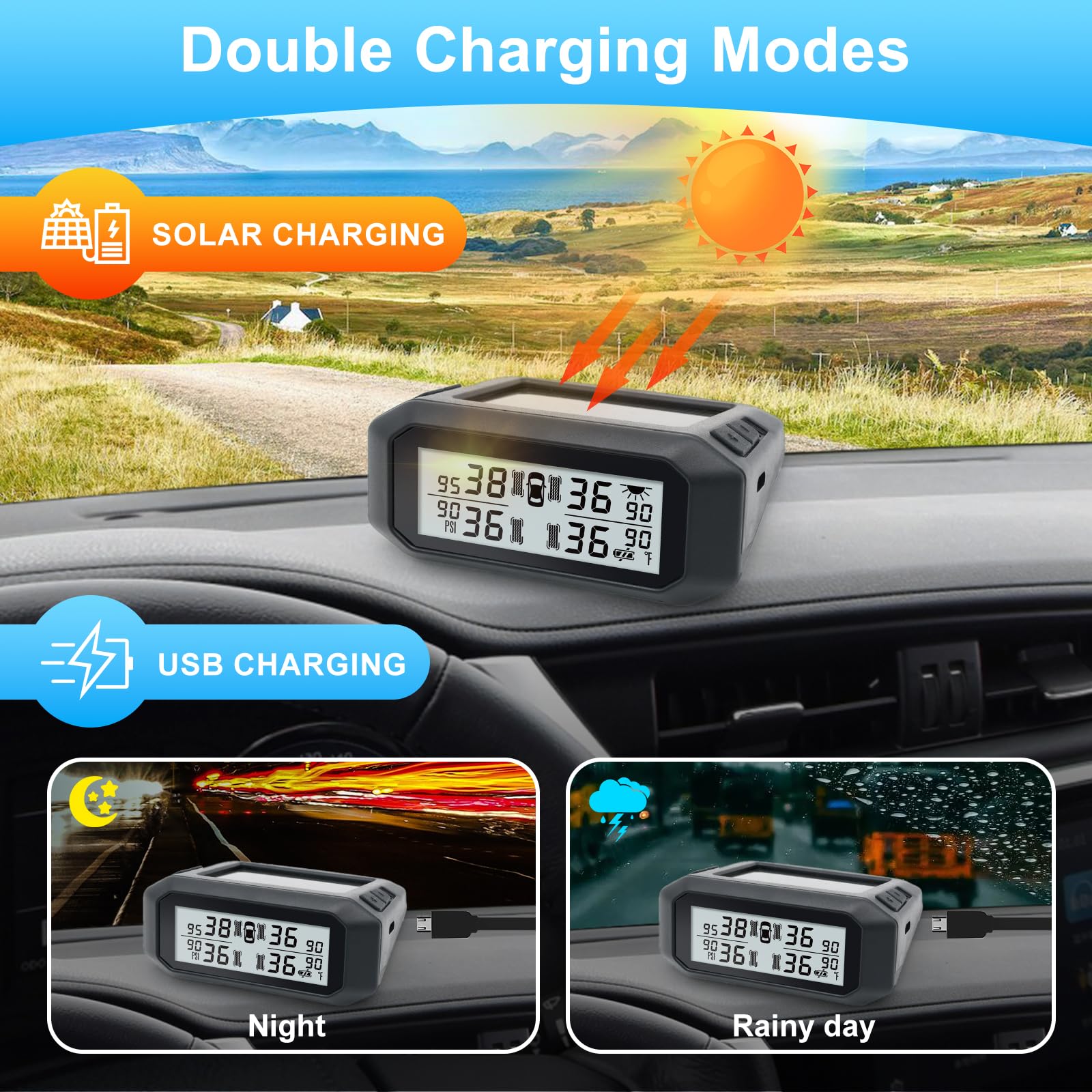 Promata Sistema di monitoraggio della pressione dei pneumatici per camper (0-99 psi/0-8 bar), carica solare e micro USB TPMS, 4 sensori e 6 modalità di allarme, avviso visivo e acustico per roulotte