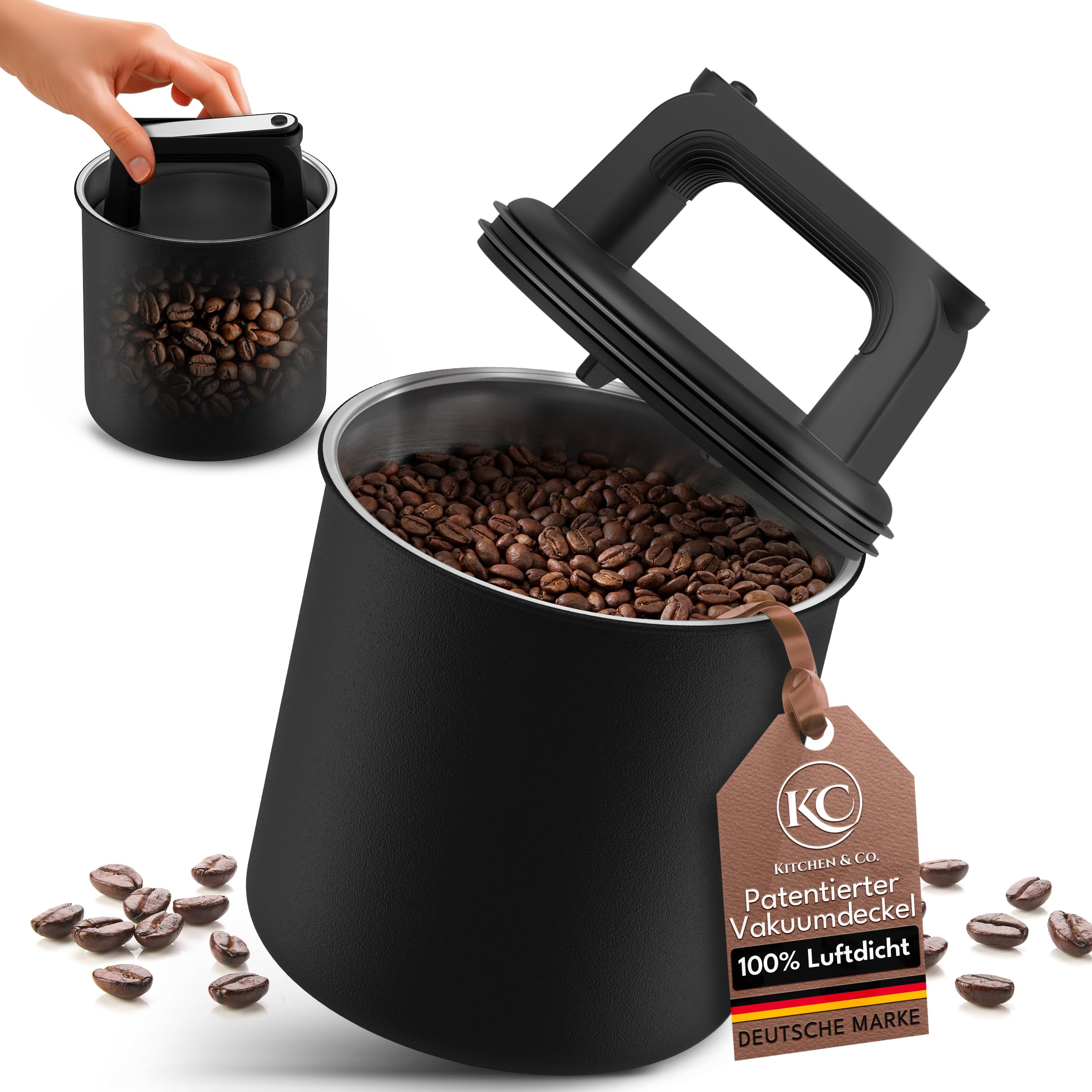 KC Kitchen & Co. Hermetyczny pojemnik na kawę, 250 g, słoik do przechowywania ze stali nierdzewnej z pokrywką próżniową i uszczelką zapachową, słoik do przechowywania kawy, herbaty, cukru, płatków