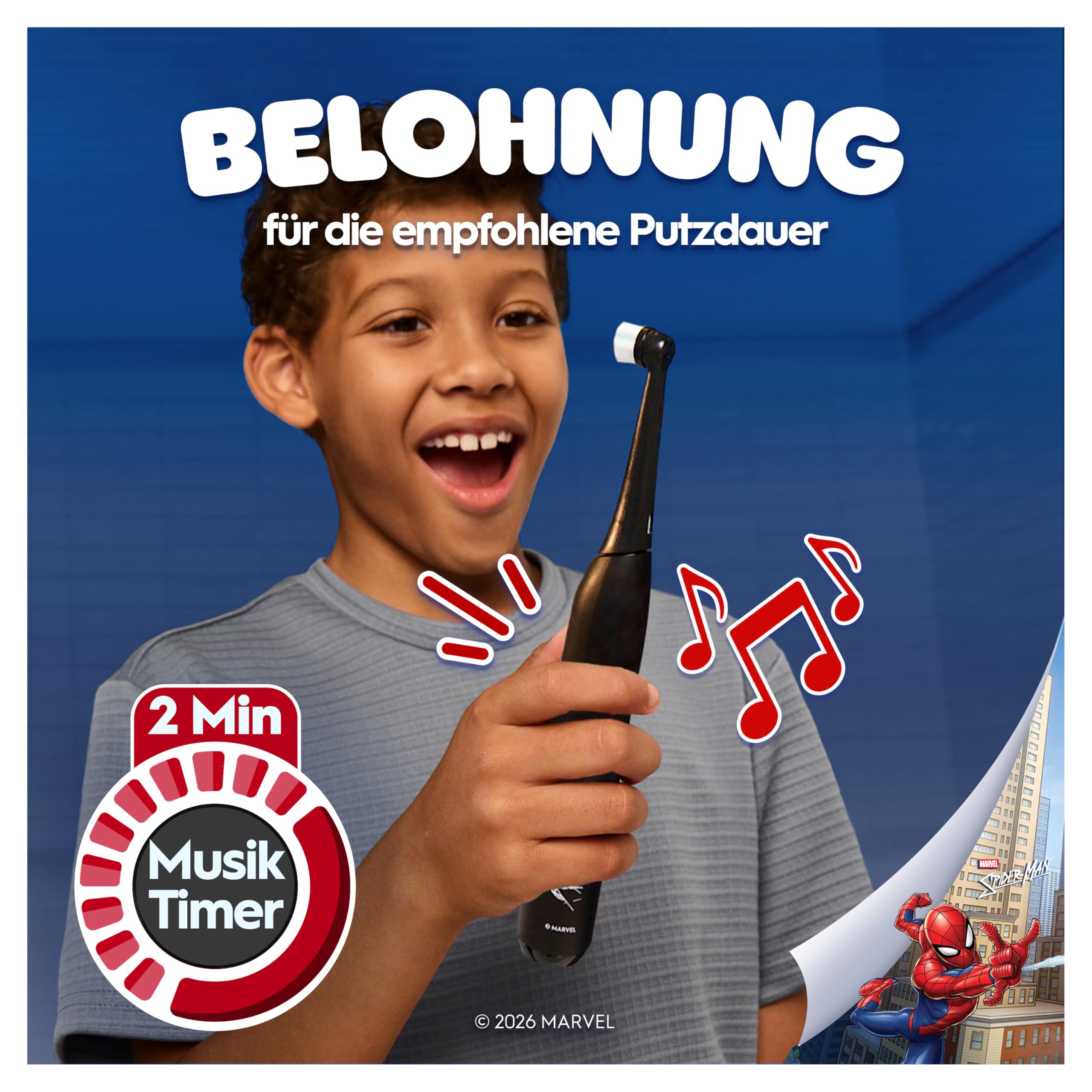 Oral-B iO Kids 6+ Marvel Spiderman Elektrische Zahnbürste Kinder, Schwarz | Kinderzahnbürste Elektrisch ab 6 Jahren mit 1 Aufsteckbürste, Inkl. Reise-Etui, TESTSIEGER (2,0) bei STIFTUNG WARENTEST