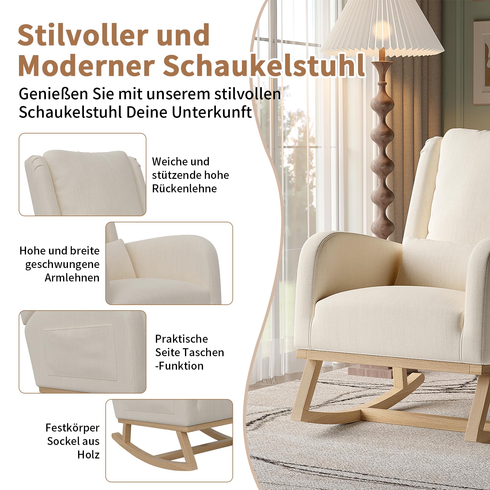 fotel bujany beżowy z lnu, fotel relaksacyjny z poduszką lędźwiową, fotel do salonu, bujany fotel do salonu sypialni, balkonu - obciążenie do 150 kg (beżowy - A)