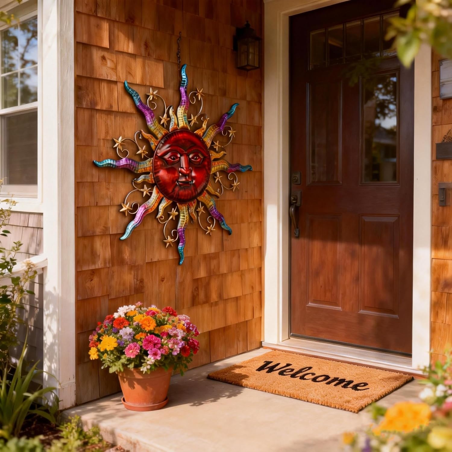 TERESA'S COLLECTIONS Outdoor Sun Metal Wall Art for Outdoor Decor,25" Red Sun Face 3D Wall Decor for Garden Decor,Rustic Retro Hanging Sculpture for Outside indoor Home Patio Farmhouse Gifts for Mom