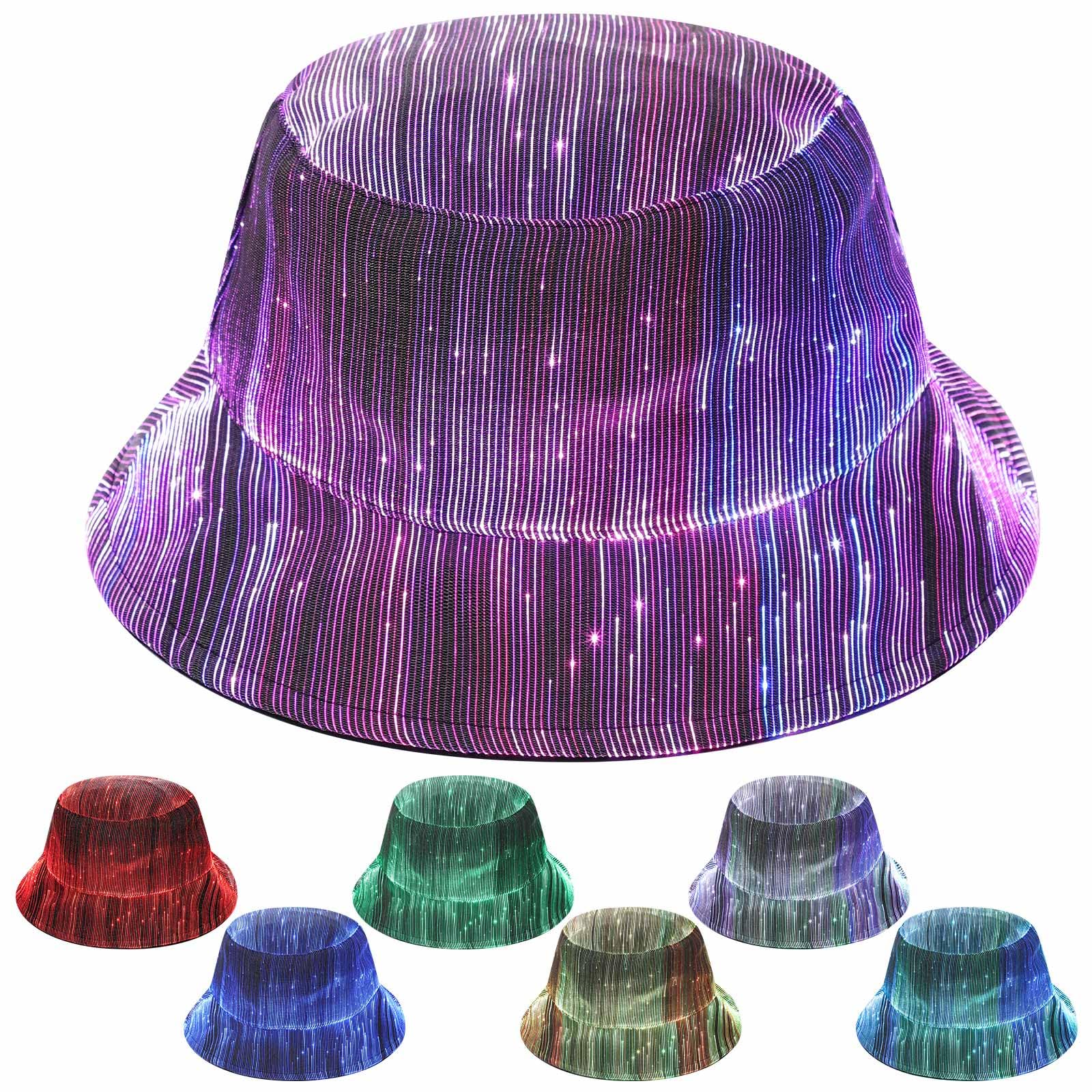 Geyoga Cappello da pescatore a LED con luce rave, 7 colori che si illuminano al buio, cappello luminoso in fibra ottica, ricarica USB, per uomini e donne