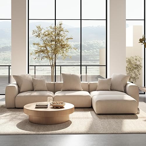 L Shaped Sofa with Ottoman, 141.73" Modular Sectional Sofa Cloud Couch with 5 Pillows, Oversized Corduroy Sectional Couches for Living Room, Washable Cover, Beige