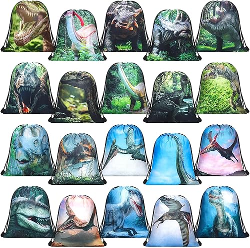 Miniatura 13 de Weewooday 20 Pcs Dinosaur Party Favor Bags Drawstring Gift Goodie Treat Bag Dinosaur Candy Party Supplies Backpack for Birthday Candy