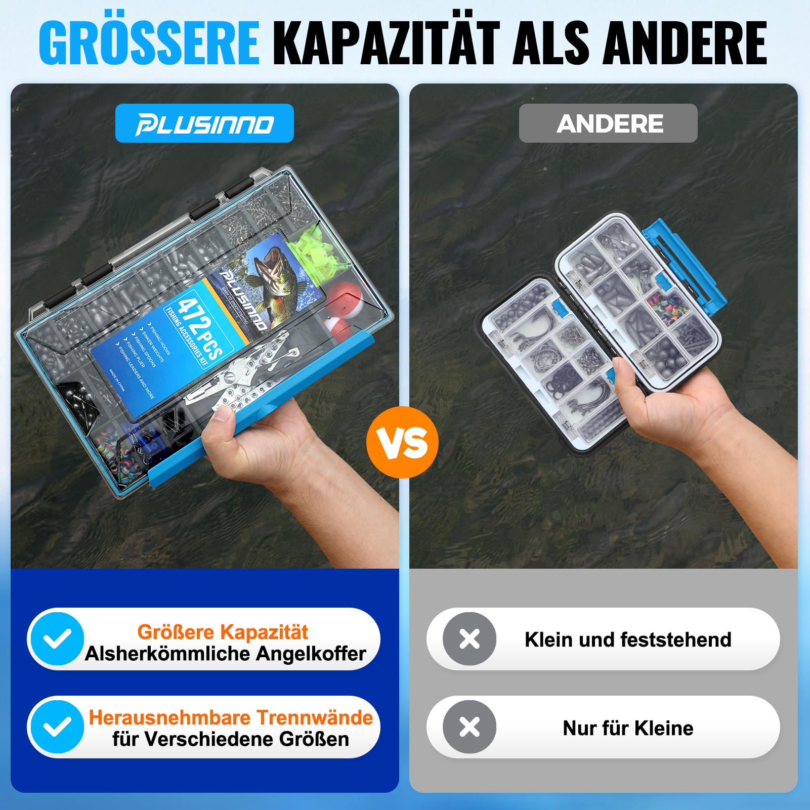 PLUSINNO 472-teiliges Angelzubehör-Set, wasserdichte Angelbox mit Zubehör, Angelgeschenk für Männer inklusive Haken, Gewichten, Zangen, Angelgerät und Ausrüstung für Barsch und Forelle