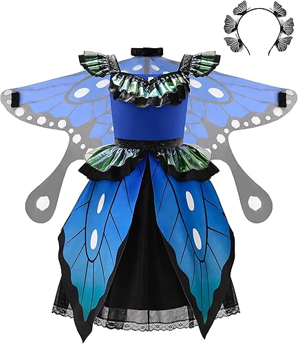 ReliBeauty Disfraz de mariposa para niñas con alas de mariposa y diadema de mariposa, azul
