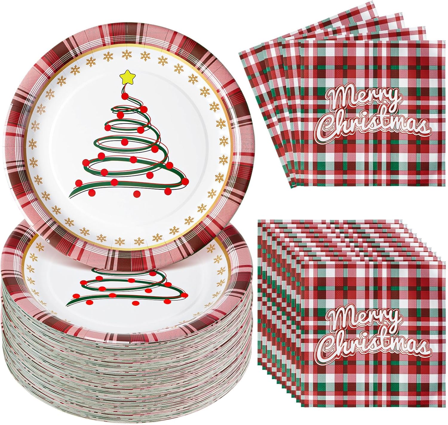 Umigy 100 Pcs Christmas Tree Paper Plates and Napkins Sets Plaid Merry Christmas Disposable Dessert Plates Napkins Tableware Set for Winter Dinner Lunch Dessert Appetizer, Serves 50