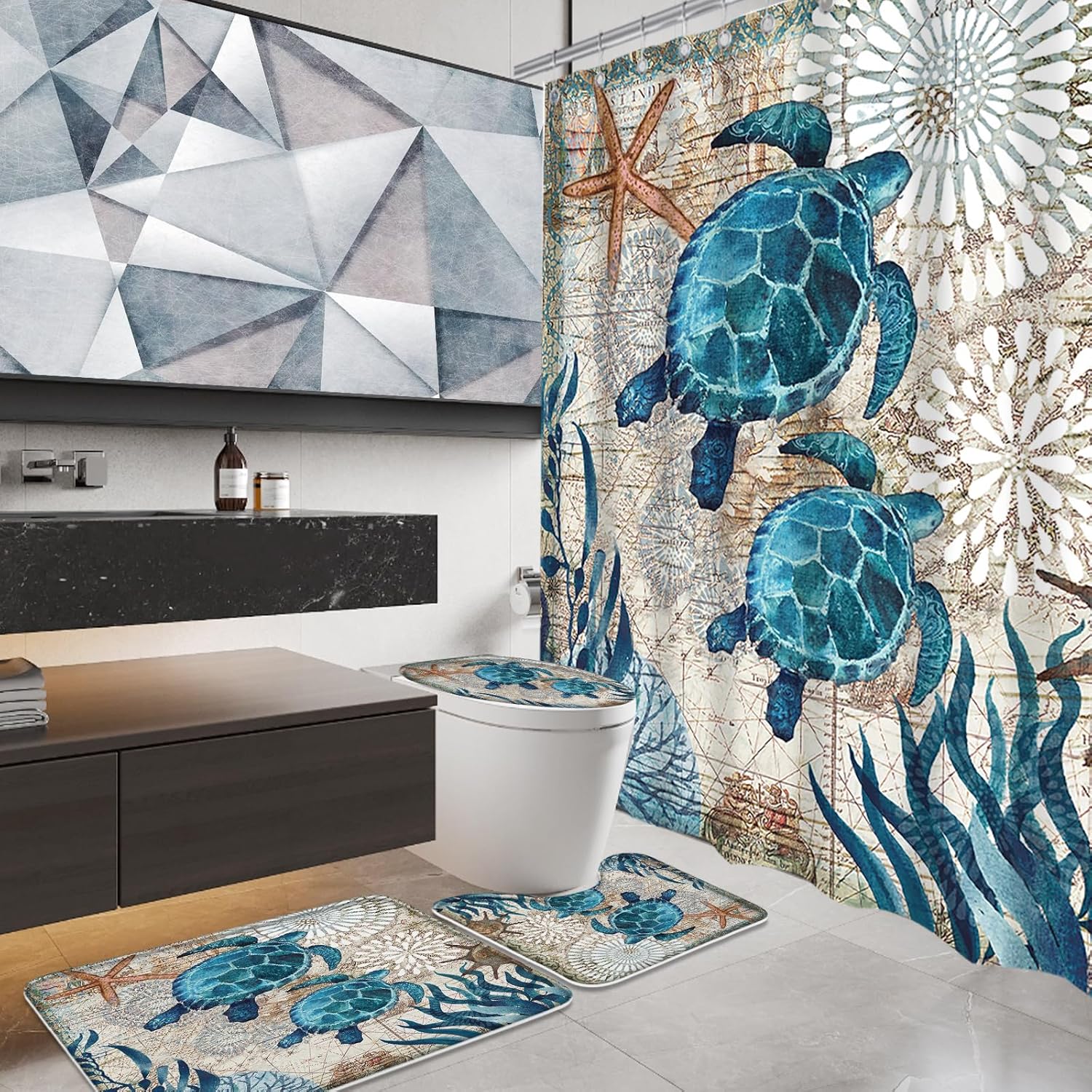 Sea Turtles Nautical Ocean Beach Bathroom Sets Starfish Coral Shower Curtain and 18 x 30 Rugs Bathroom Accessories Sets Decor with Bath Mat, Toilet Lid Cover, U-Shaped Contour and Hooks 72W x 72H Inch