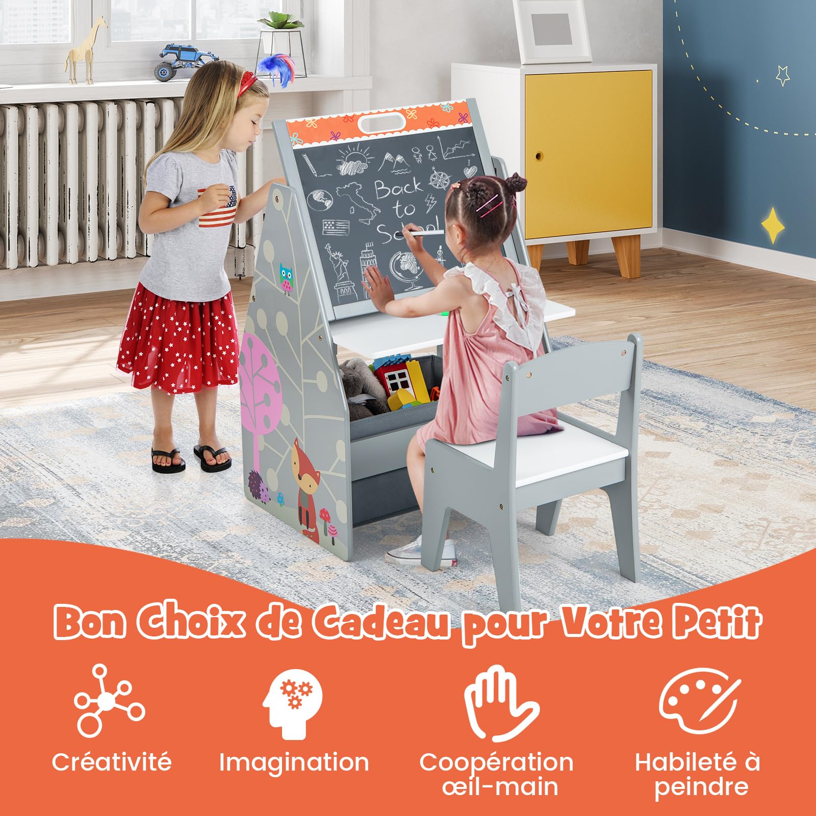 COSTWAY Table Enfants 3 en 1 avec Chaise et Tableau Double Face Réglable, Table à Dessin avec Bac en Tissu, Bibliothèque pour Jouets Livres, Charge 50/10kg Gris