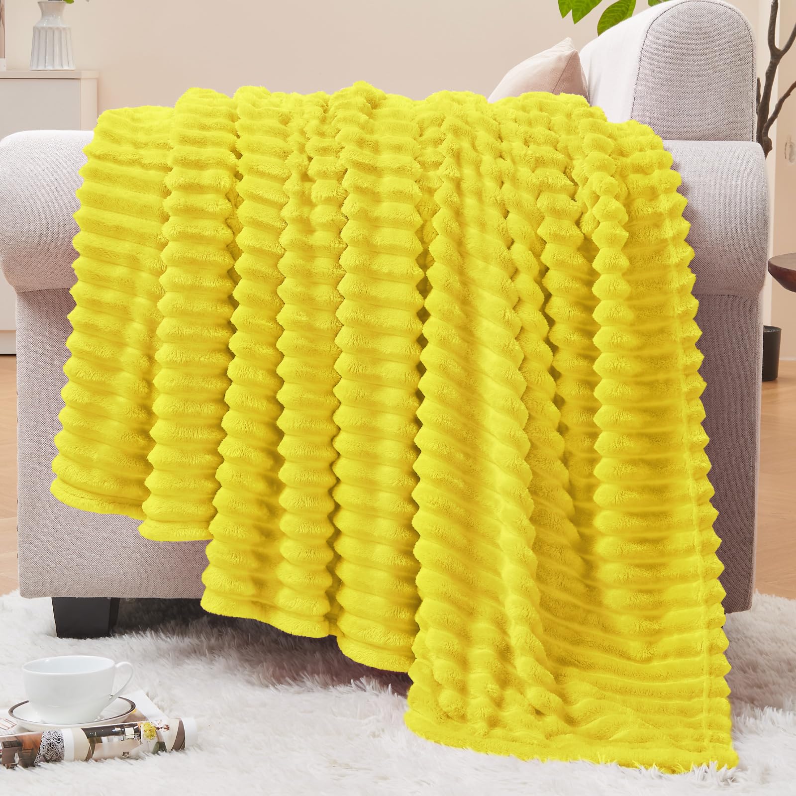 BEDELITE 3D Ribbed Jacquard Yellow Fleece Twin Blanket for Bed, 60x80 Inch | Soft Warm Decorative Fluffy Blanket, Cozy Plush Lightweight Fuzzy Throw Blanket for Couch Sofa Room Decor, Gift for Women