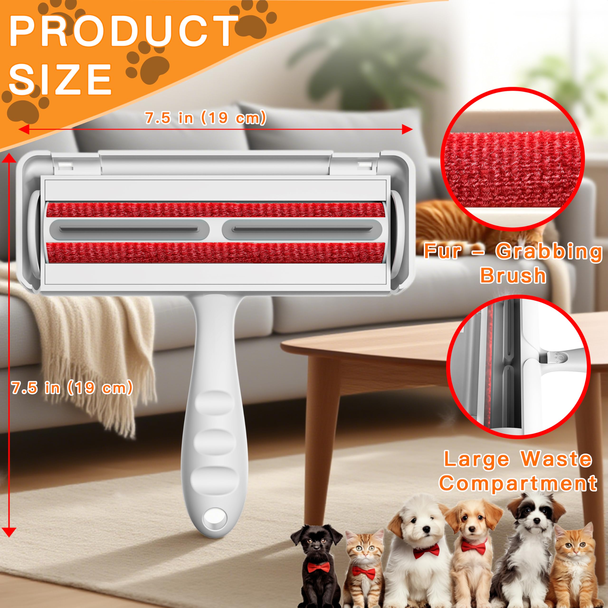 Pet Hair Remover Roller & Self-Cleaning Grooming Brush (2-in-1), Reusable Fur Tool for Dogs Cats Shedding, No Sticky Sheets for Pet Hair Removal on Furniture, Couch, Carpet, Bedding, Car Seats - image 3