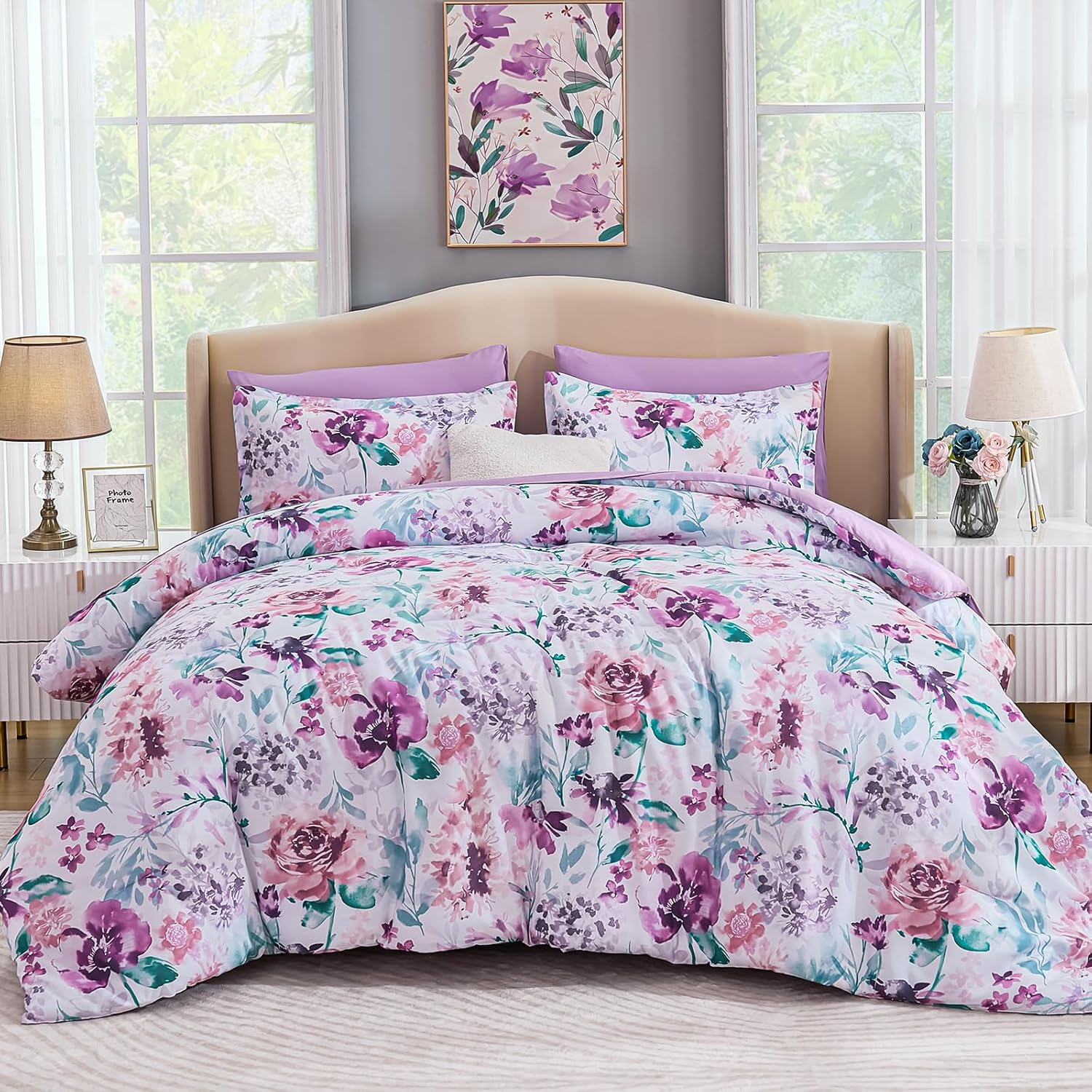 Luxudecor Floral Comforter Set Queen Size 7 Pieces Bed in a Bag, Purple Flower Watercolor Bed Set, Soft Comforter with Sheet Set 90"x90"