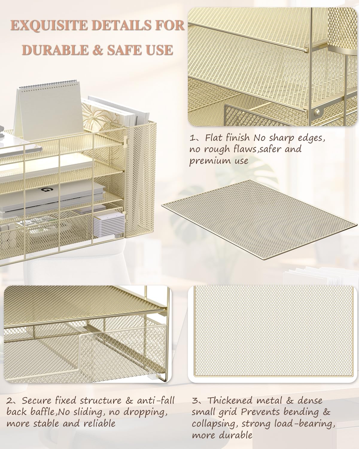 WALI Desk File Organizer, 4 Tier Desktop Paper Letter Tray Organizer with Drawer and 2 Pen Holders, Office Desk Accessories & Workspace Organizers for Office, Home, School Supplies, 1 Pack, Gold view 5