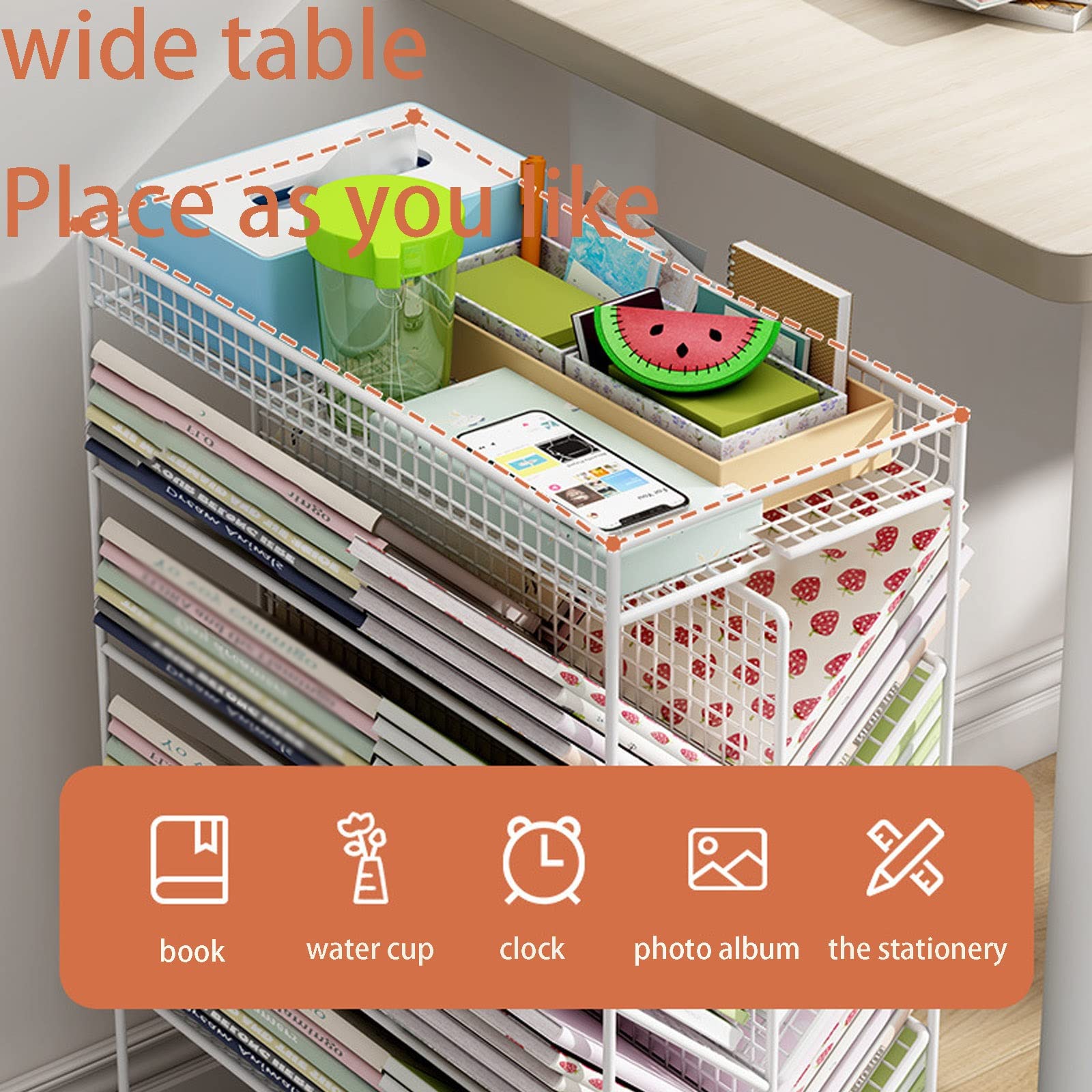 Scaffale portaoggetti laterale da scrivania, carrello con ruote, ampio tavolo con laminati inclinati, facile accesso ai libri, per camera da letto, soggiorno, aula