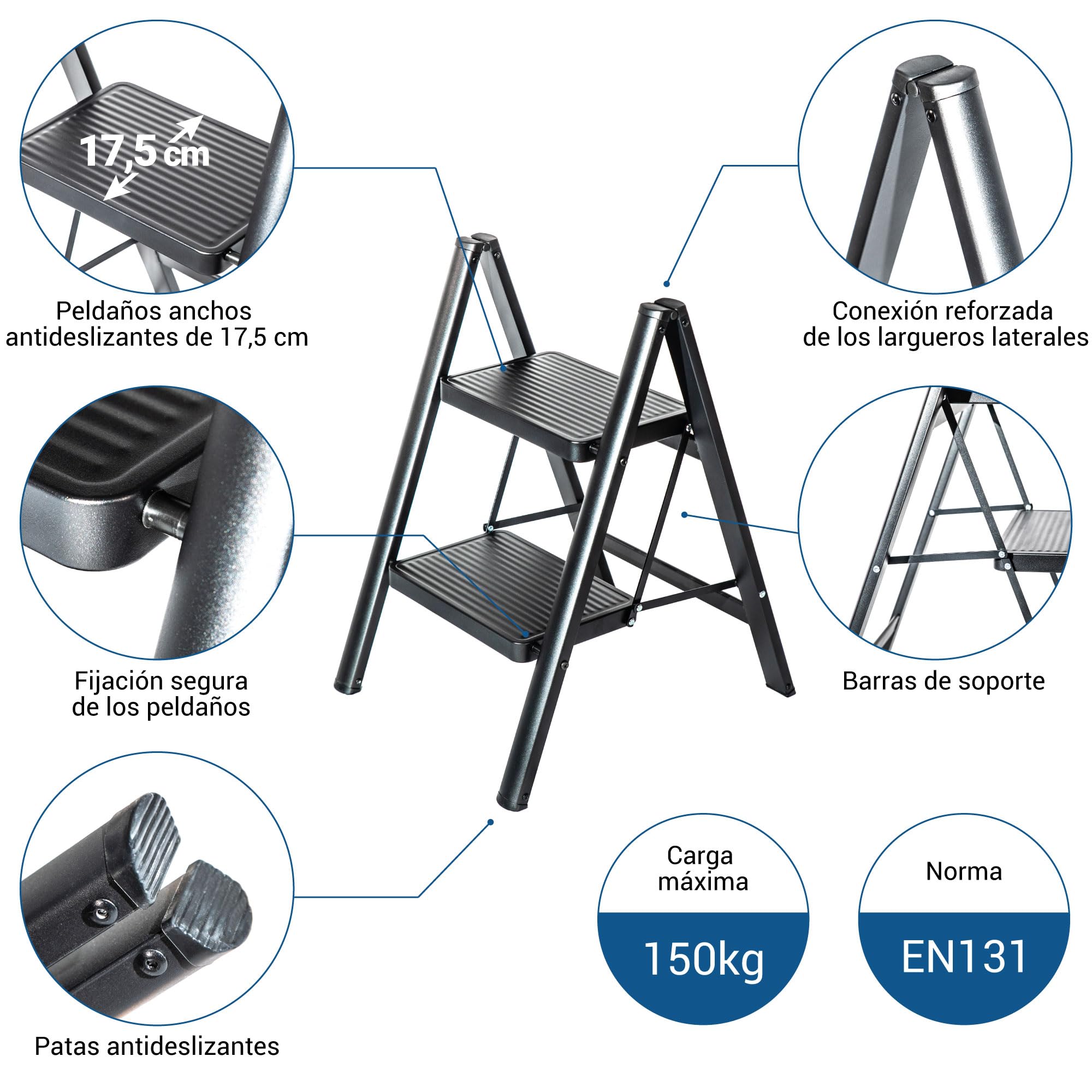 HOSTRÖM Escalera 2 peldaños FOLDPACT2, Taburete Plegable, Diseño ultracompacto, Peldaños Anchos 17,5 cm, Acero, Estante Temporal, Garantía 5 años.