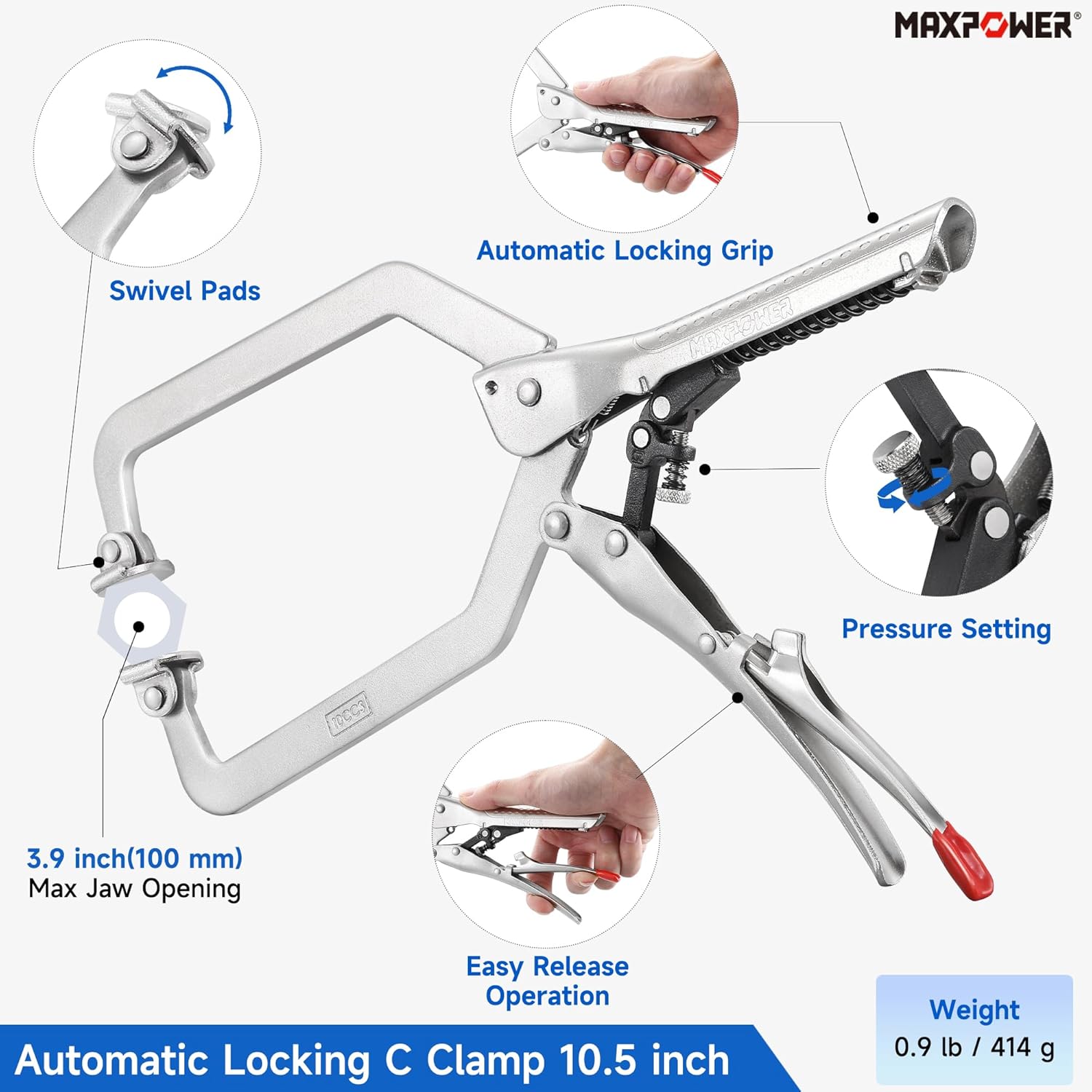 MAXPOWER 2 Pieces Self-adjusting Locking Pliers Clamp Set, 7 inch Long Nose Pliers, 10.5 inch Locking C Clamp