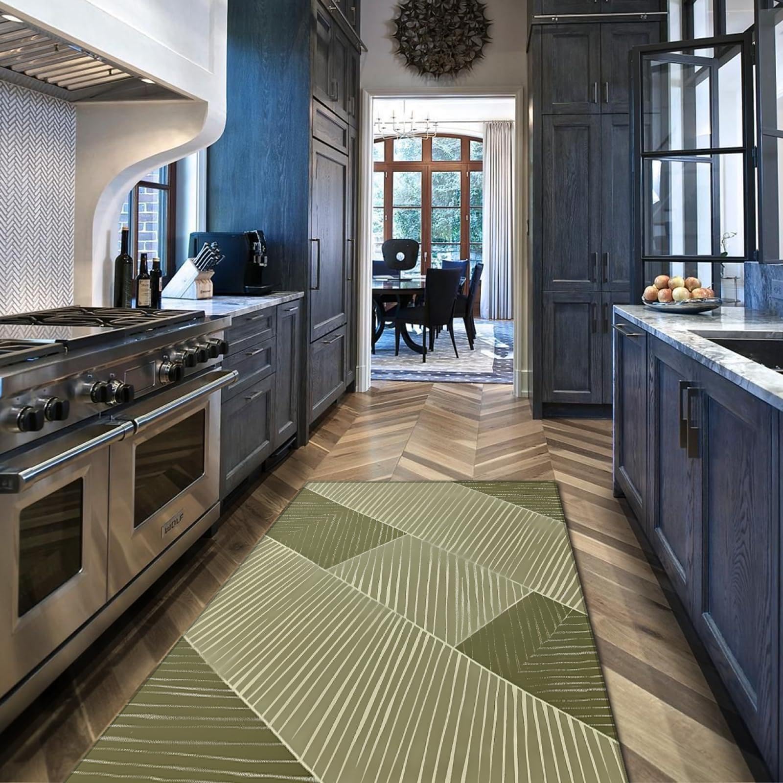 Tapis géométrique moderne doux et antidérapant avec rayures blanches pour salon, chambre à coucher, cuisine, bureau, couloir, décoration d'intérieur élégante, 60 x 150 cm, vert sauge