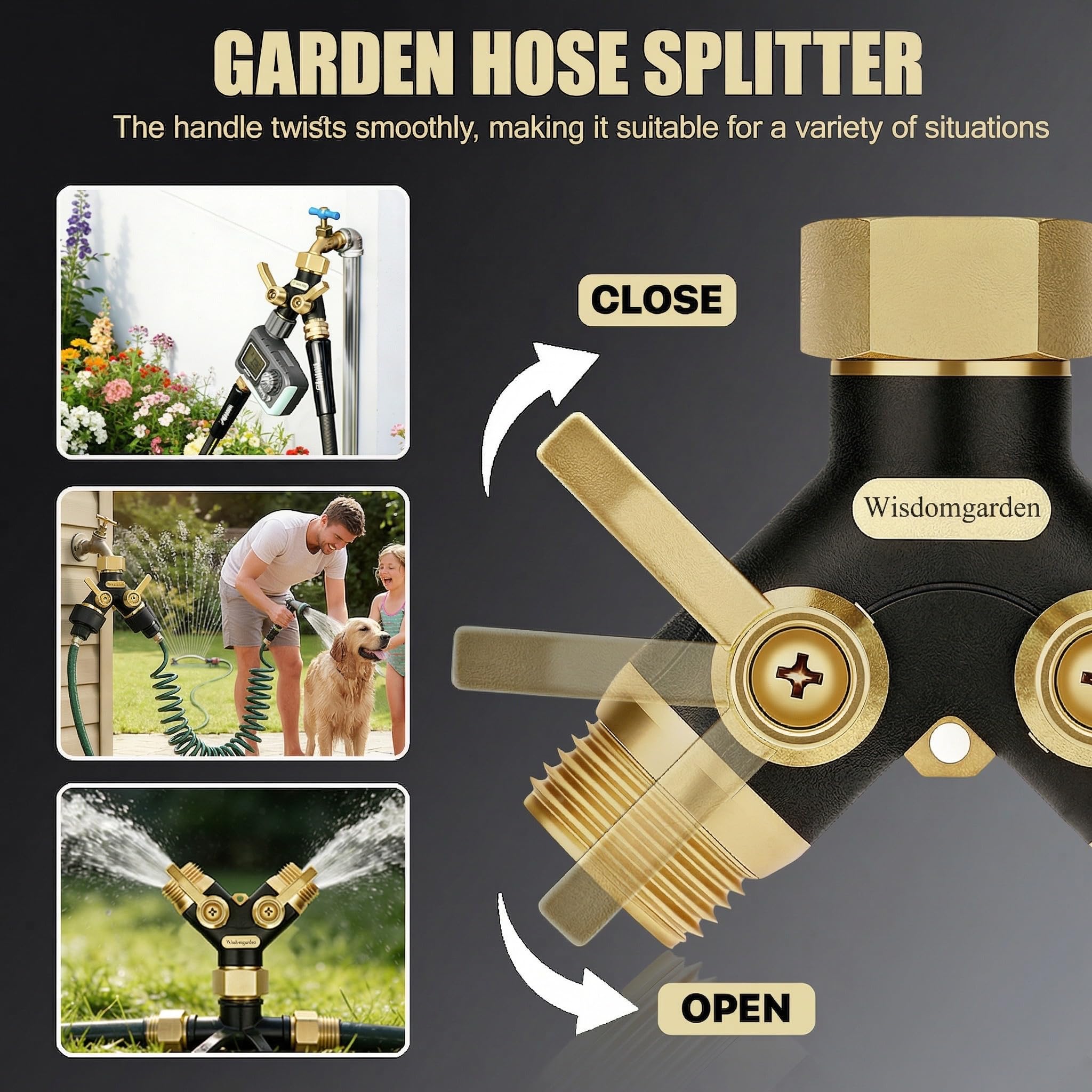 2 Wege Messing Gartenschlauch Verteiler, Y Wasserhahnverteiler mit 2 unabhängigen Ventilen, 1 Zoll Schlauchverteiler für Garten-mit 3/4 Zoll Adapter, Rasenbewässerung und Außenwasserhahn