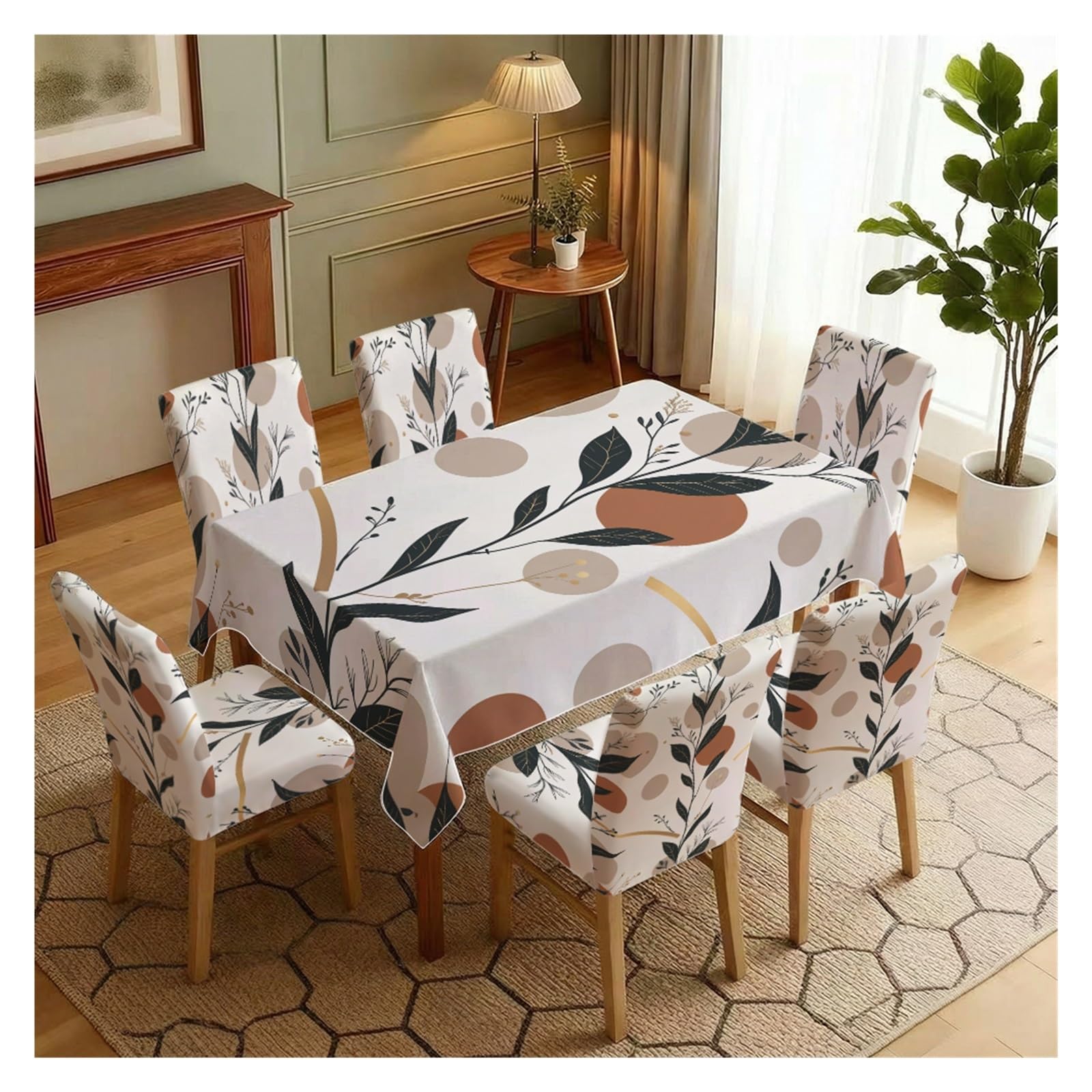 BOSUYBN Boho Abstract Geometric Green Leaf Dining Tablecloth & Chair Covers Set, 5/7 Piece Minimal Modern Neutral Dining Room Home Decor Table Setting(7pcs Set: Tablecloth+Chair Covers)
