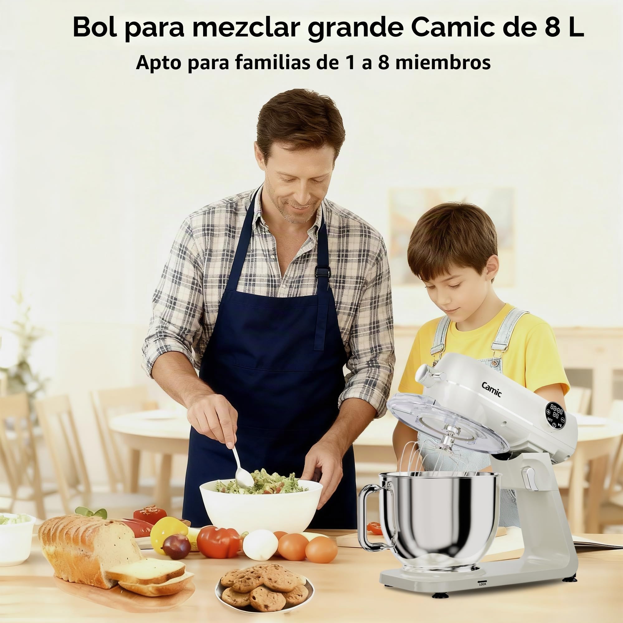 Camic Batidora Amasadora 1800W 8L Amasadora Reposteria Todo Metal, 10 Velocidades, Pantalla Táctil LED, Equipada con Batidor, Gancho para Amasar y pala Mezcladora, para Hornear Pasteles, Galletas Pan